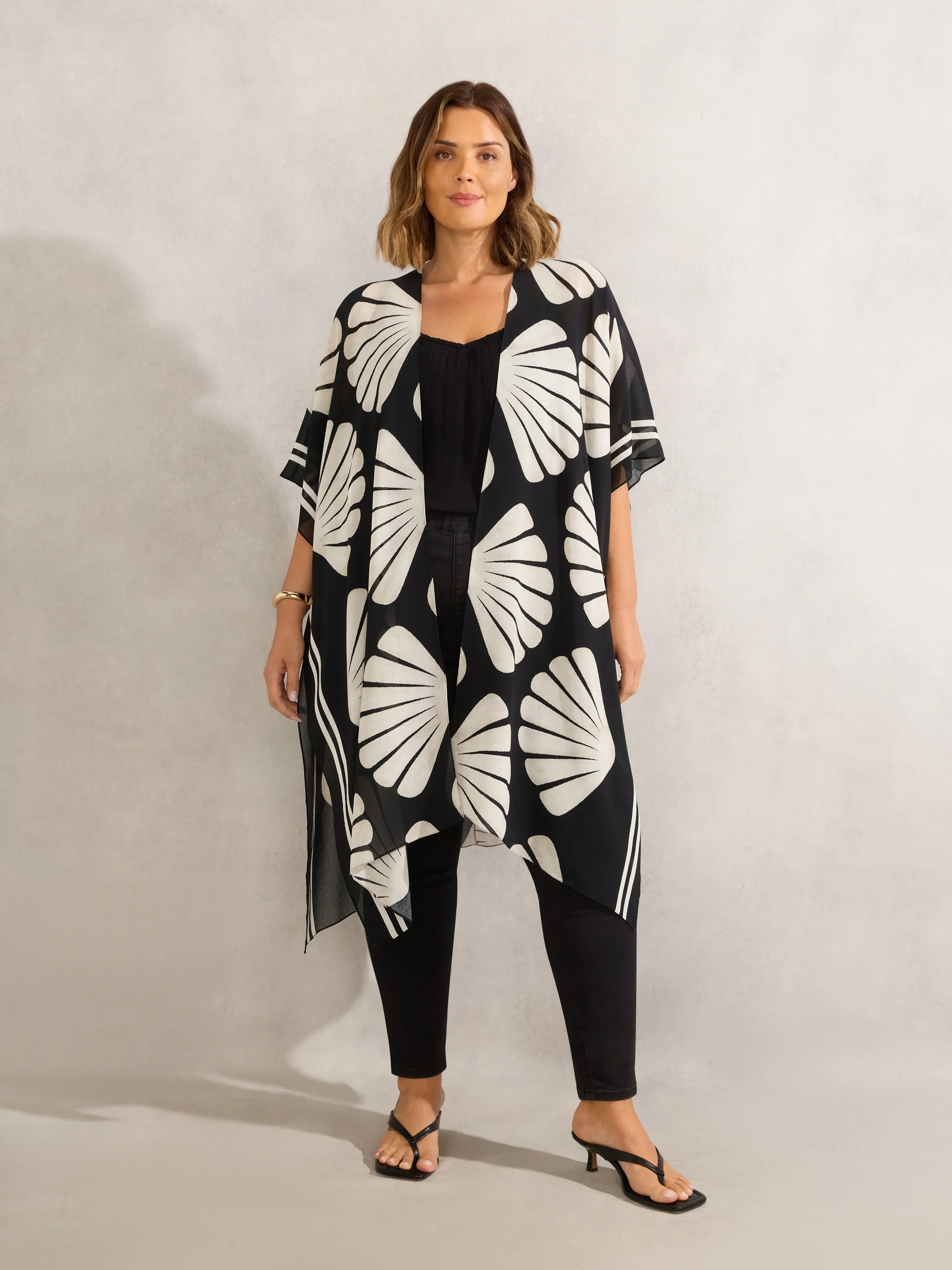 Black Shell Print Longline Kimono - Image 6
