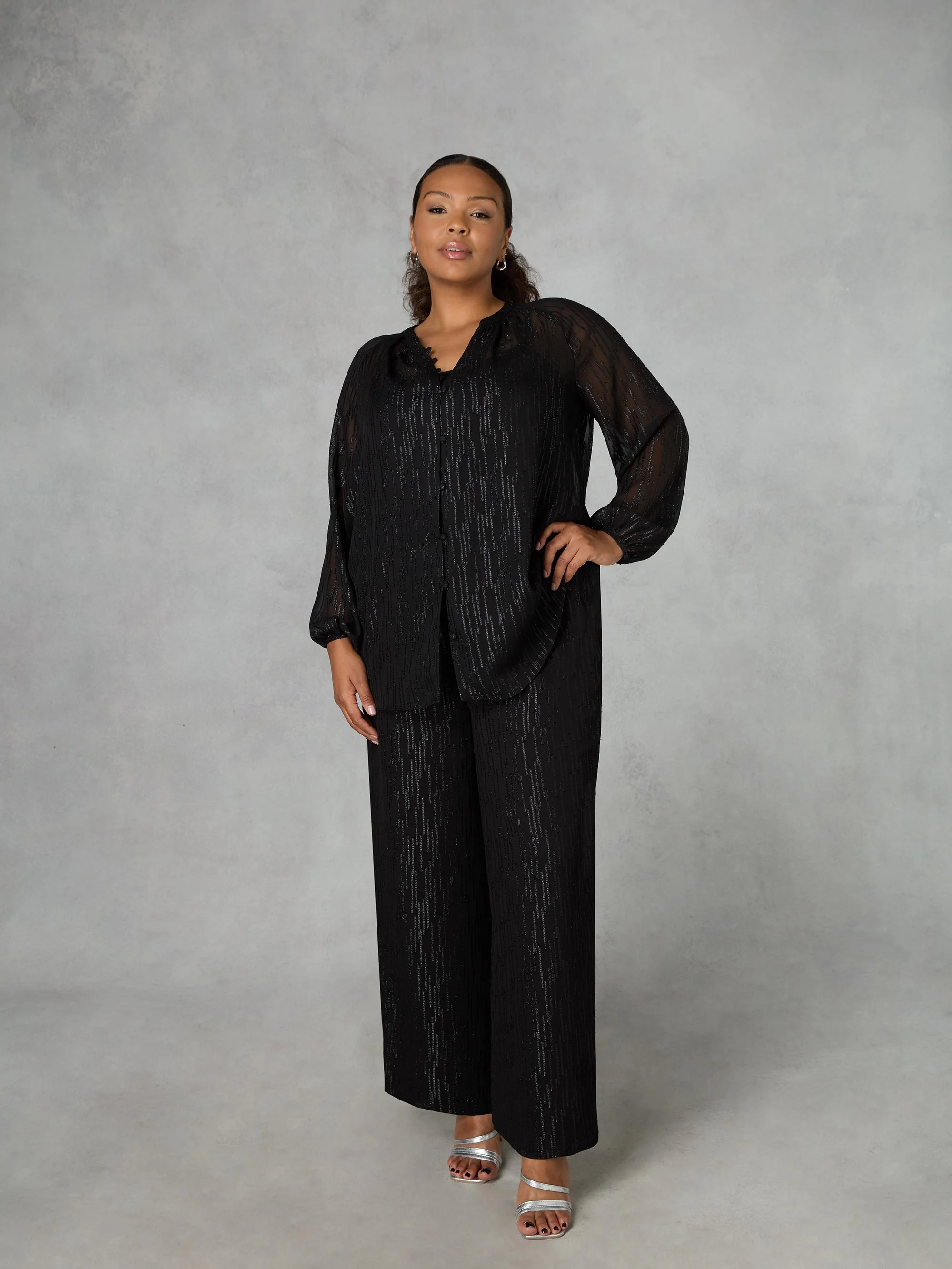 Black Shimmer Chiffon Button Through Blouse - Image 2