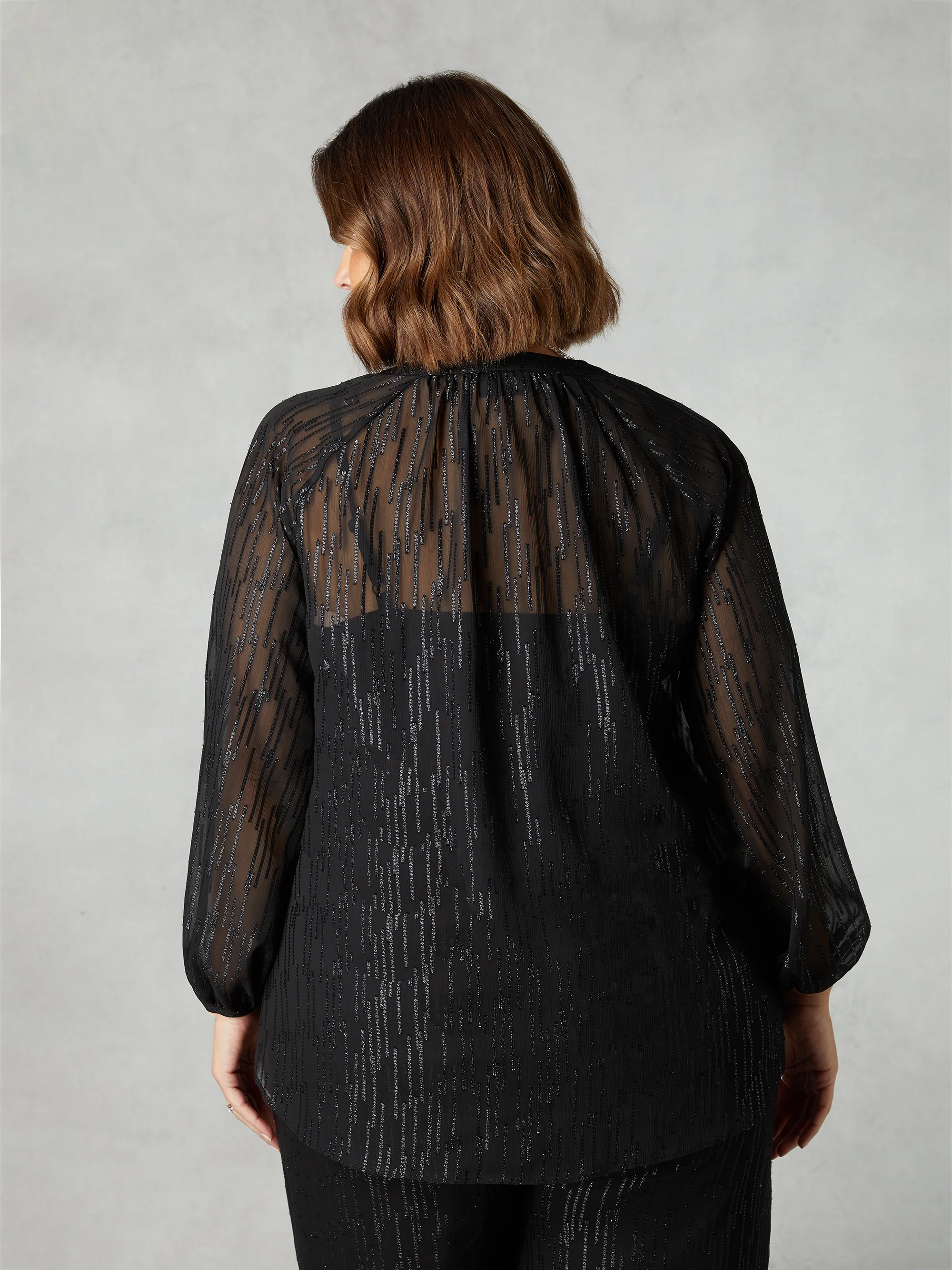 Black Shimmer Chiffon Button Through Blouse - Image 3