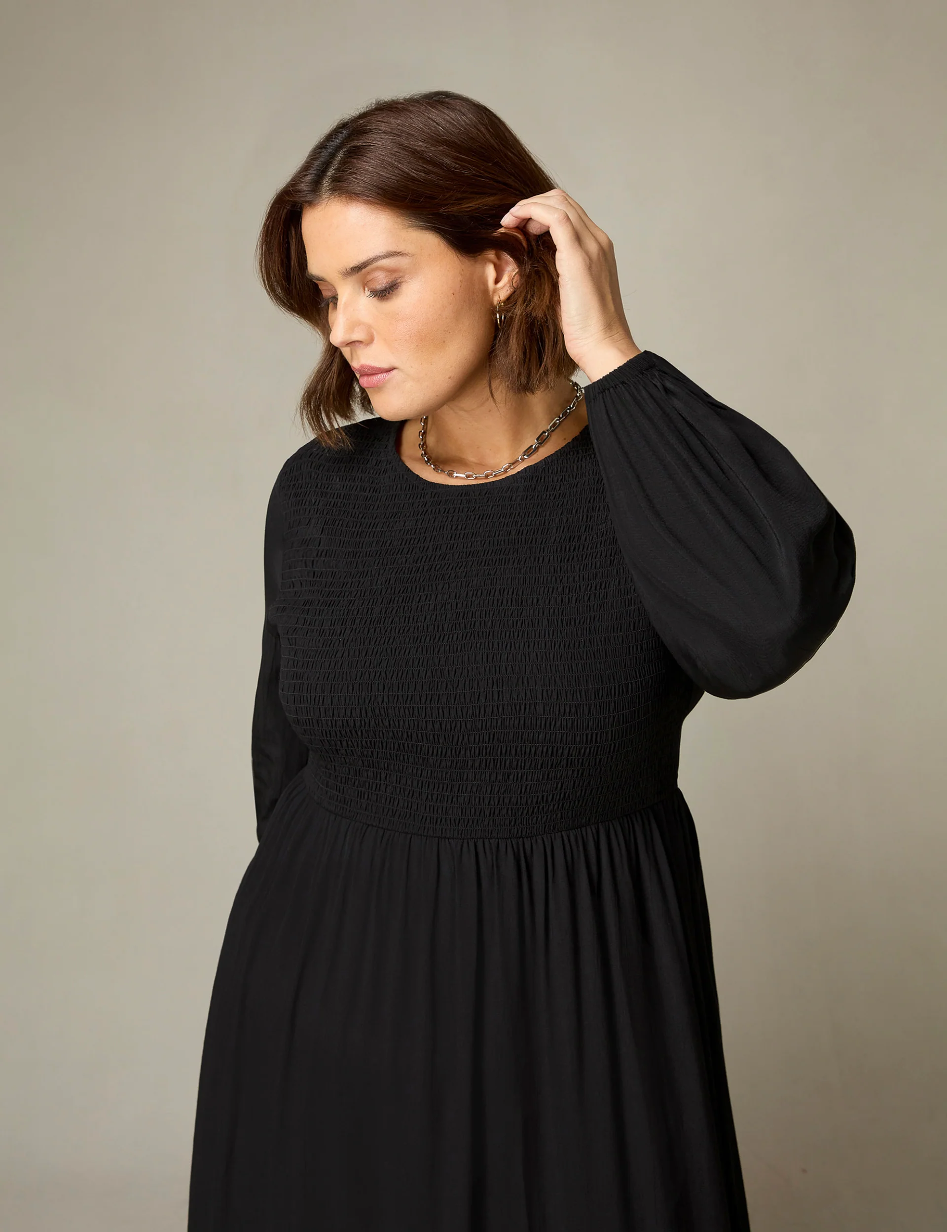 Black Shirred Front Midi Dress - Image 3