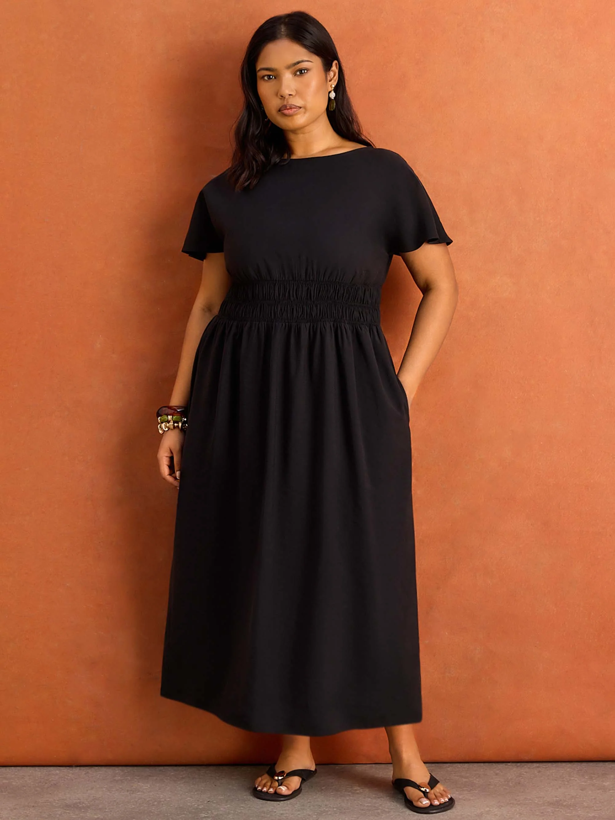 Black Shirred Waist Short Sleeve Midaxi Dress - Image 5