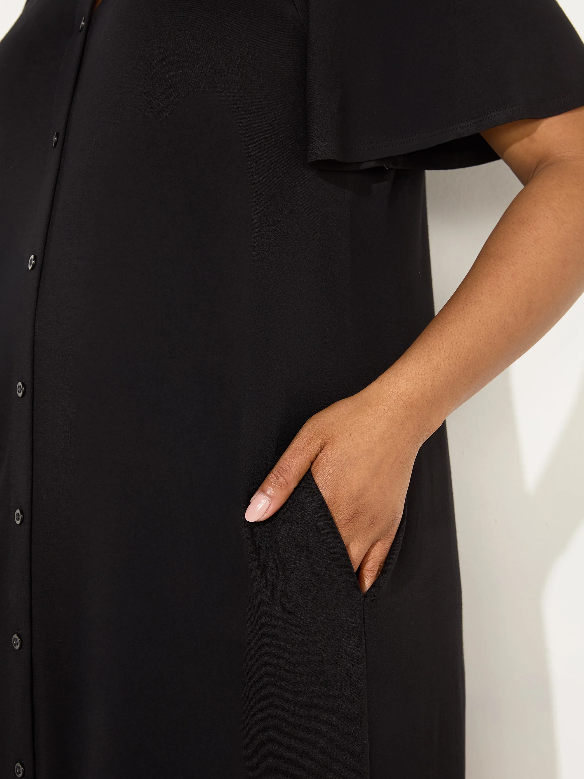 Black Jersey Flutter Sleeve Shirt Dress - Image 2