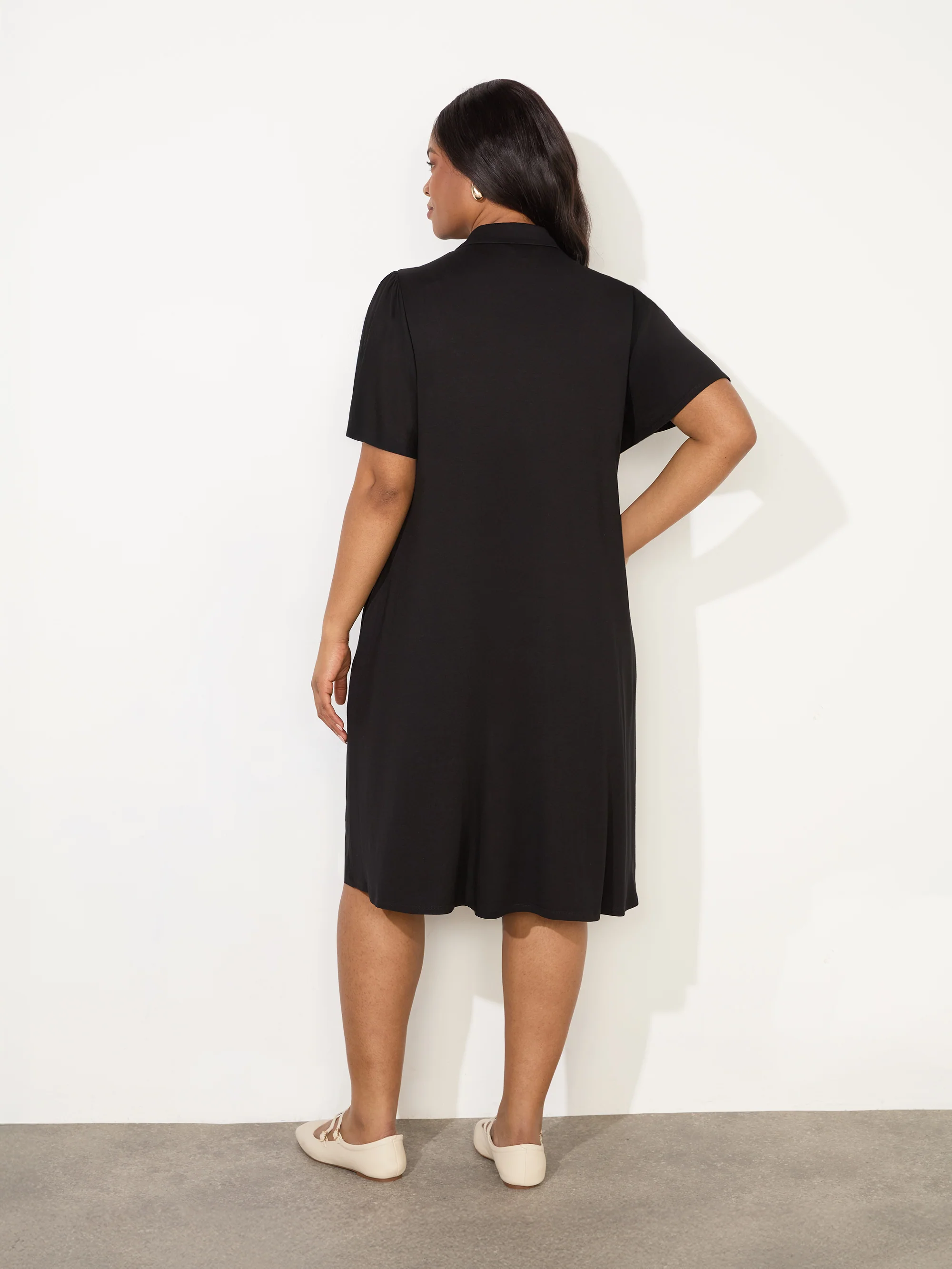 Black Jersey Flutter Sleeve Shirt Dress - Image 3