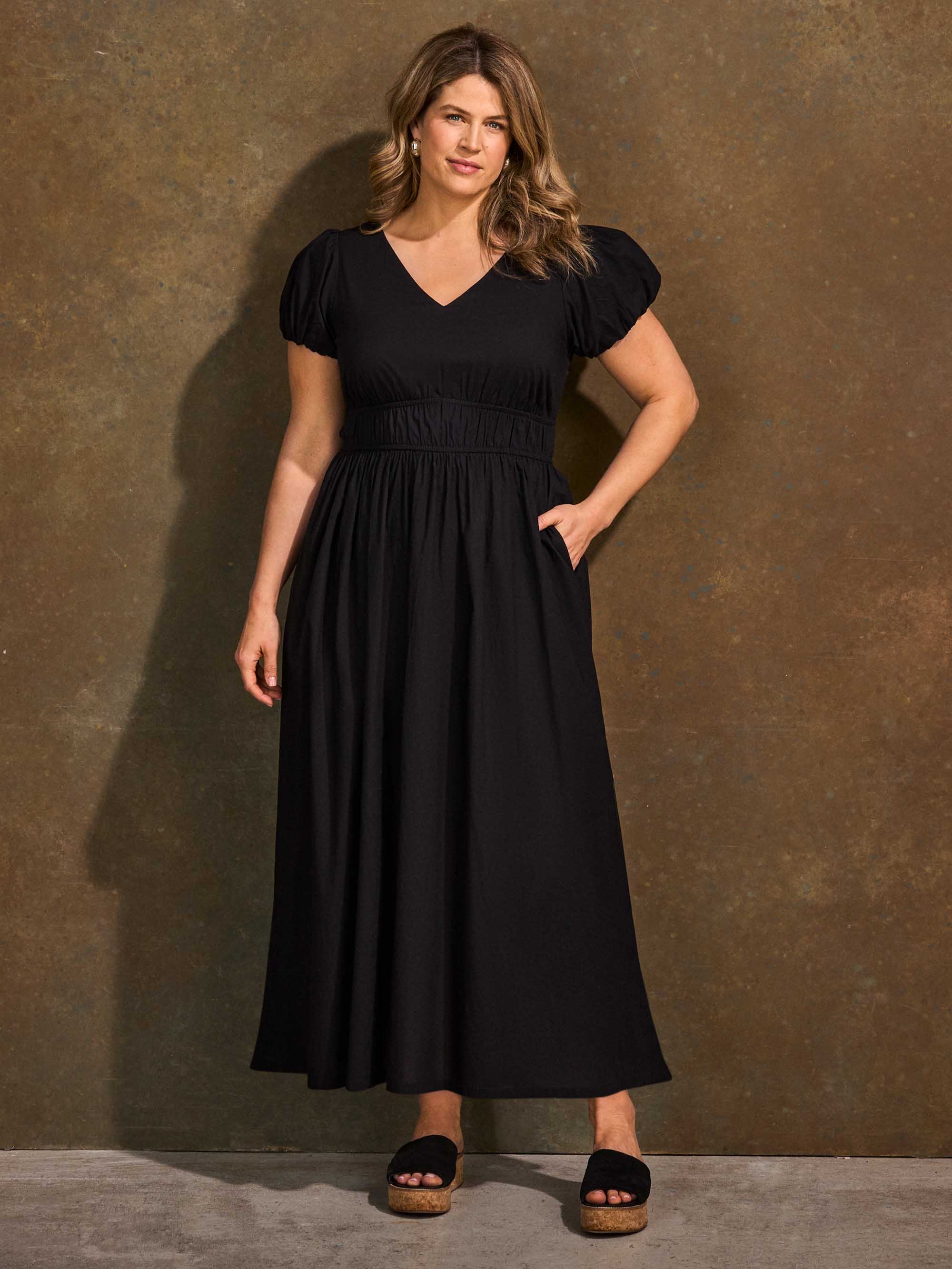 Black Cotton Smocked Waist Midaxi Dress - Image 2