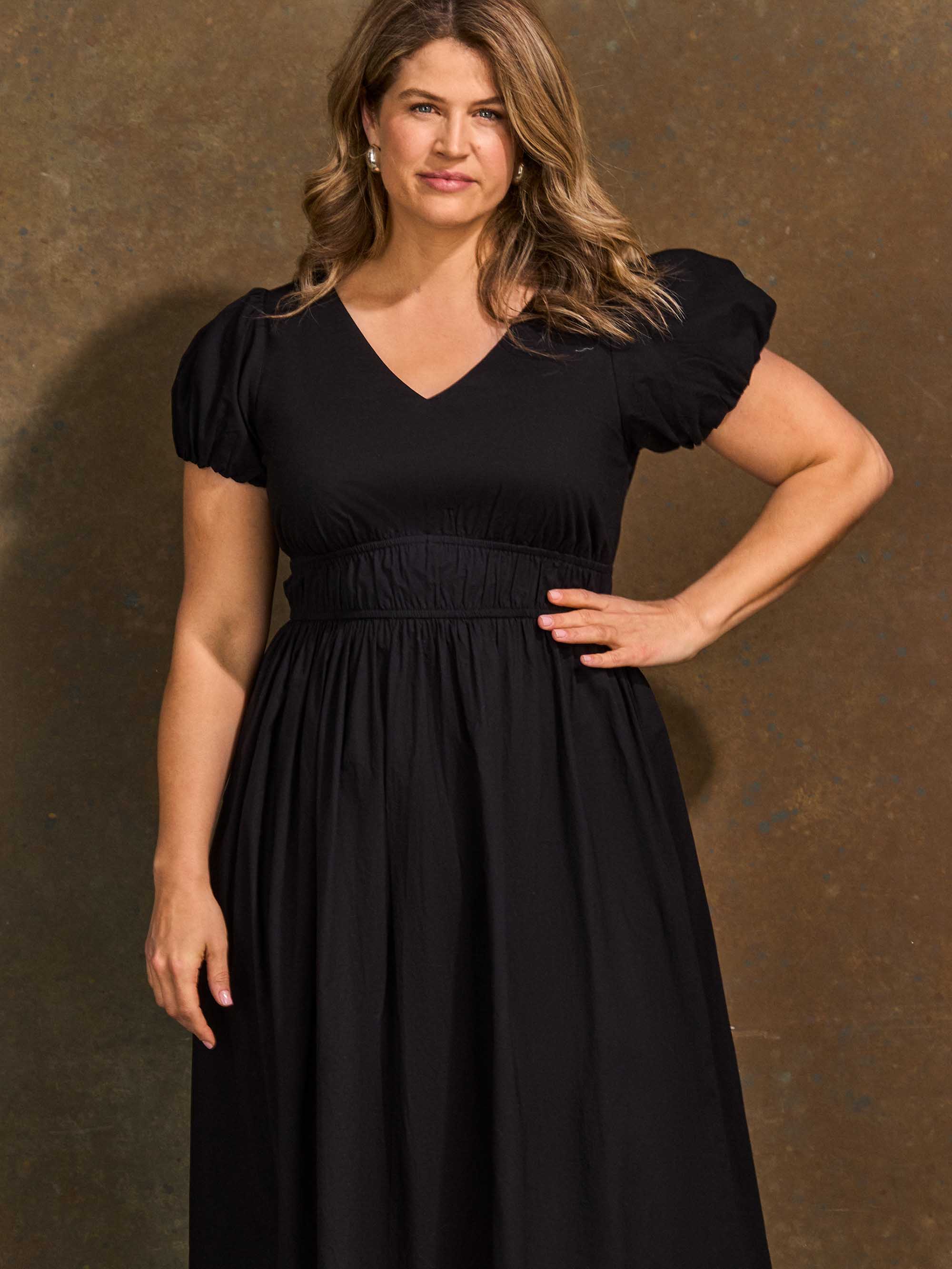 Black Cotton Smocked Waist Midaxi Dress - Image 3