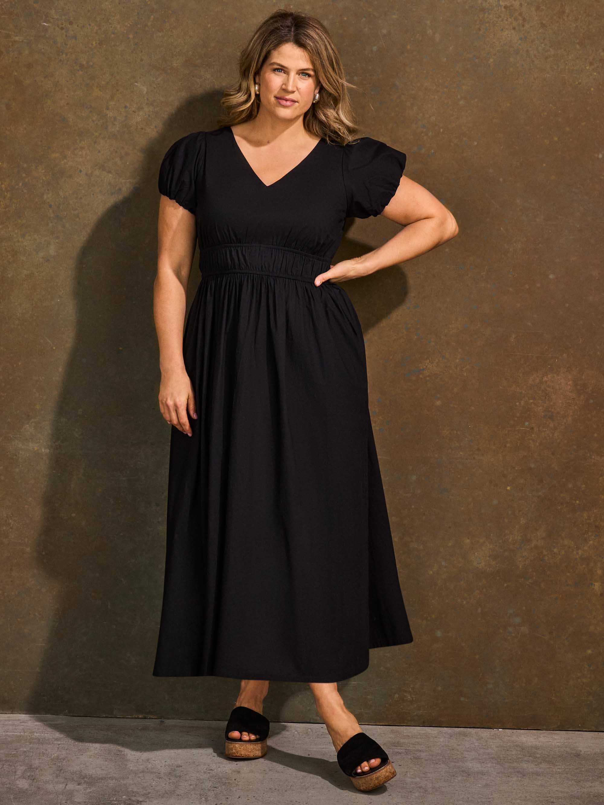 Black Cotton Smocked Waist Midaxi Dress - Image 4