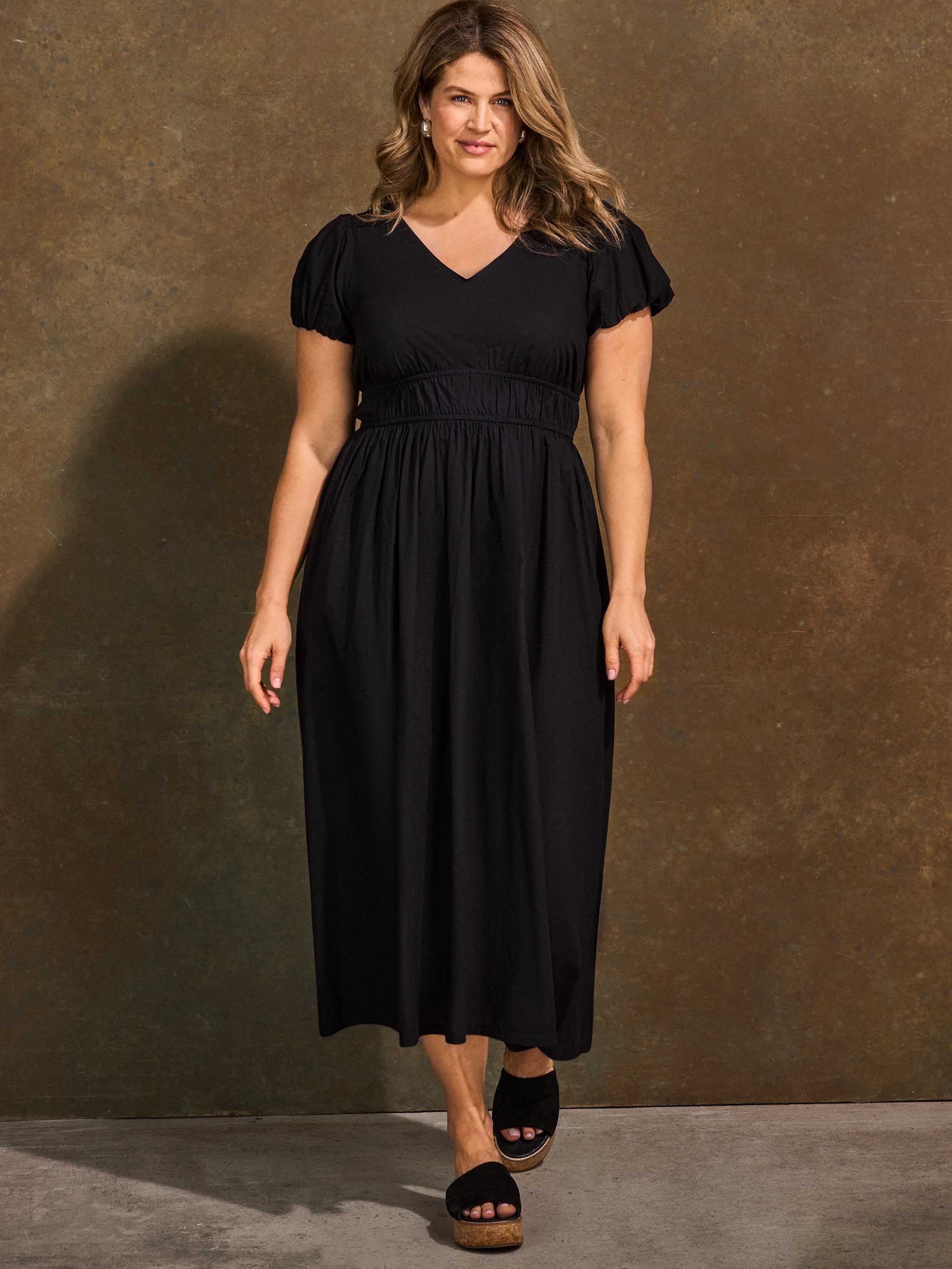 Black Cotton Smocked Waist Midaxi Dress - Image 6