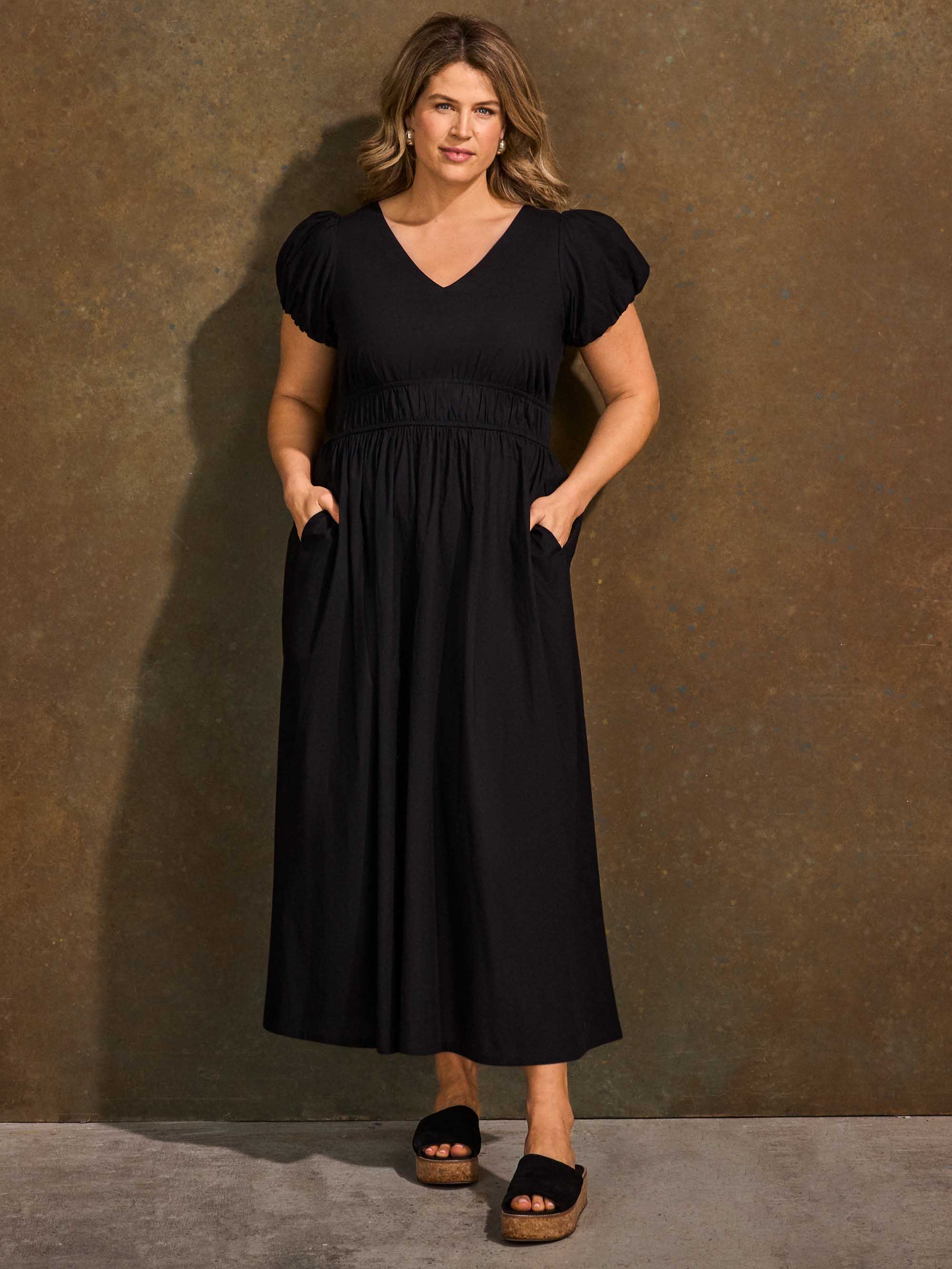 Black Cotton Smocked Waist Midaxi Dress - Image 7