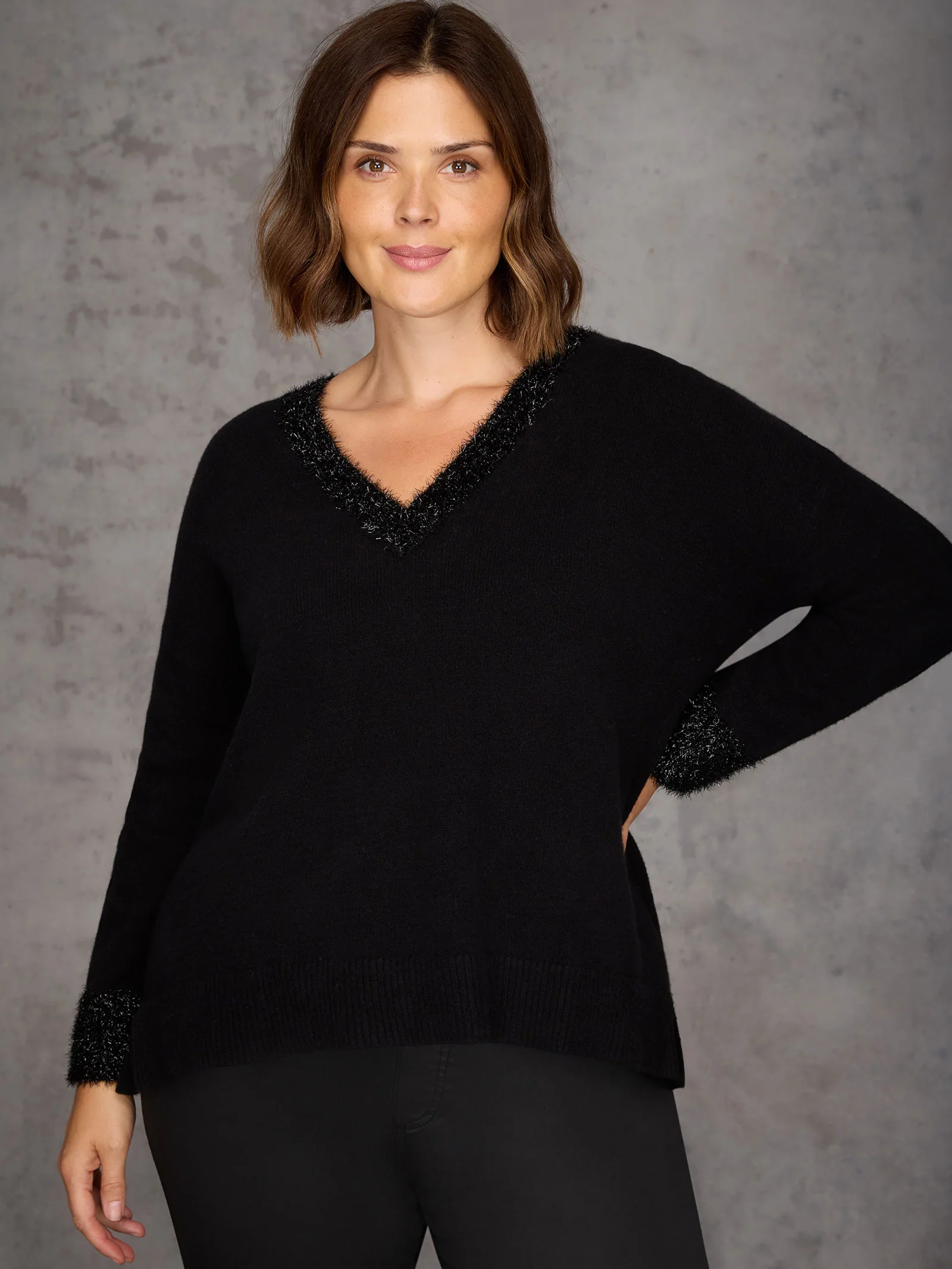 Black Sparkle Knit V Neck Jumper - Image 3