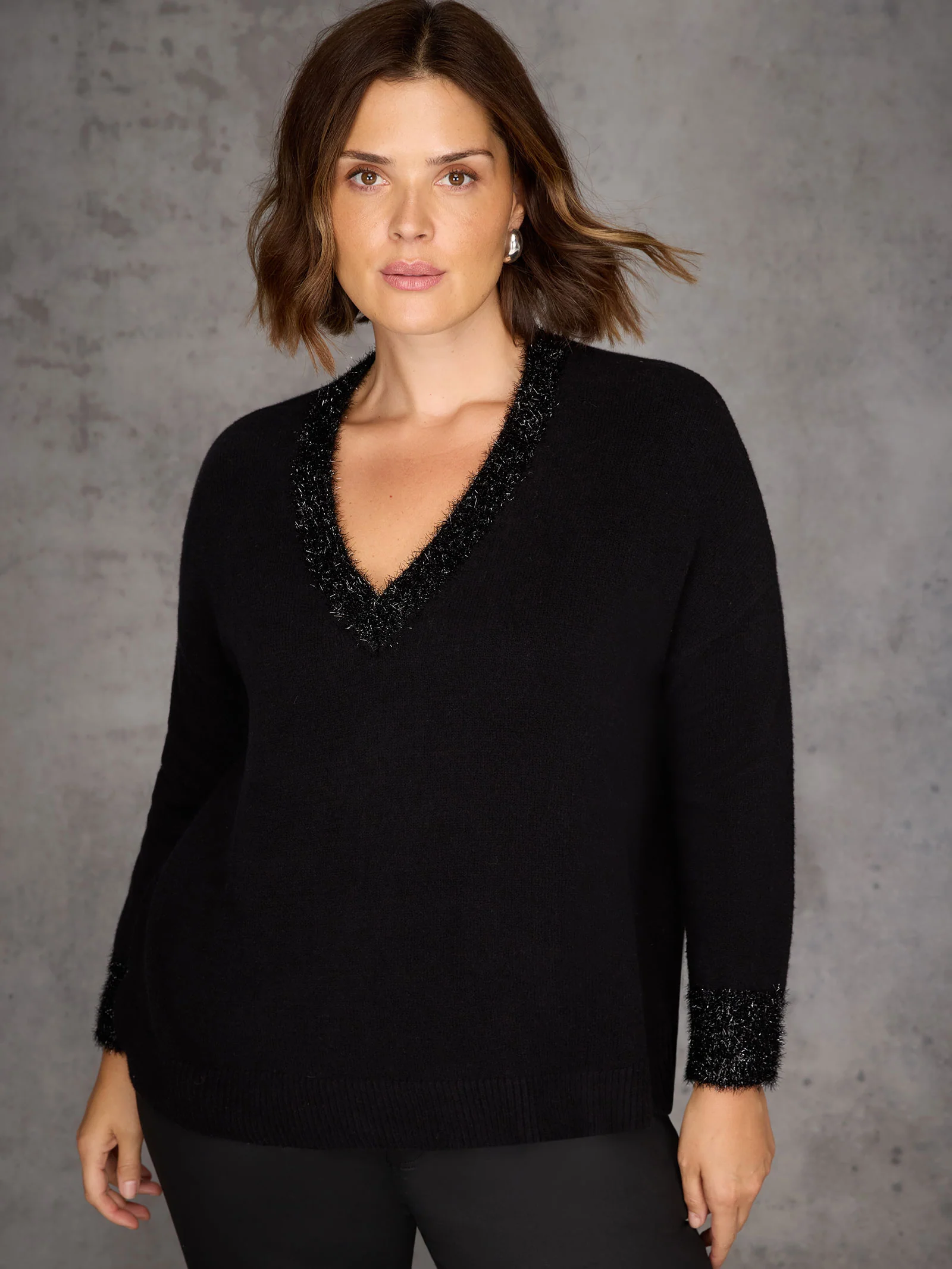 Black Sparkle Knit V Neck Jumper - Image 4