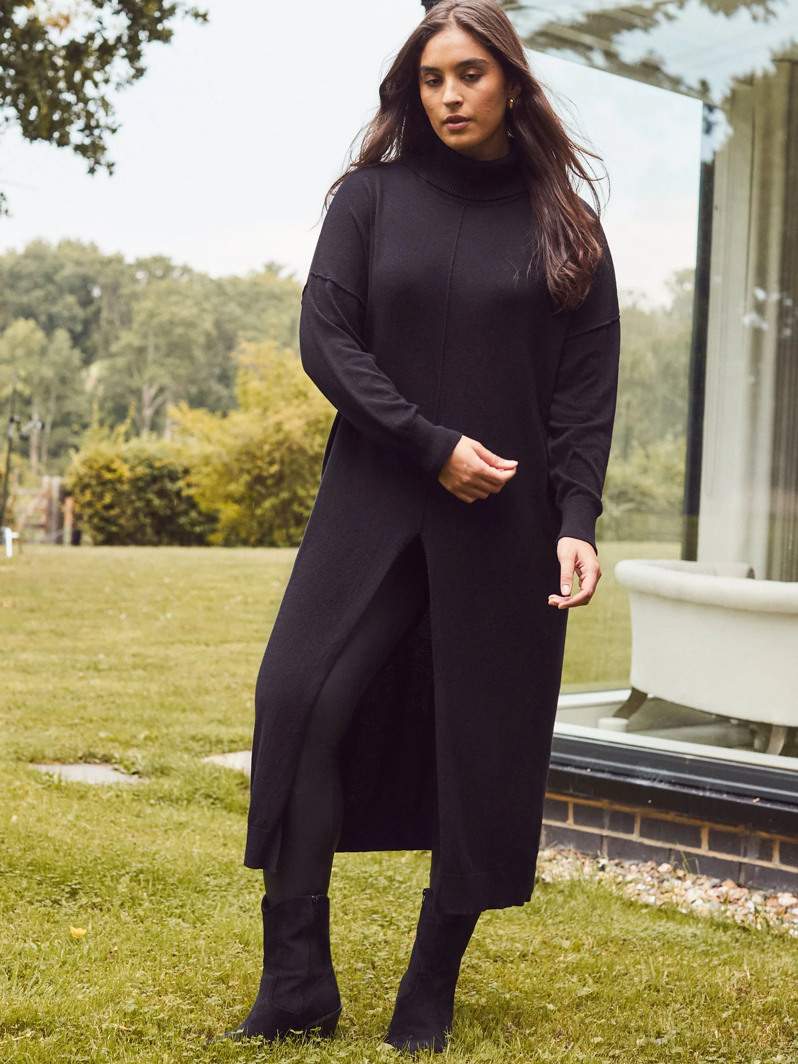Black Cashmere-Blend Split Front Roll Neck Knit Jumper - Image 2