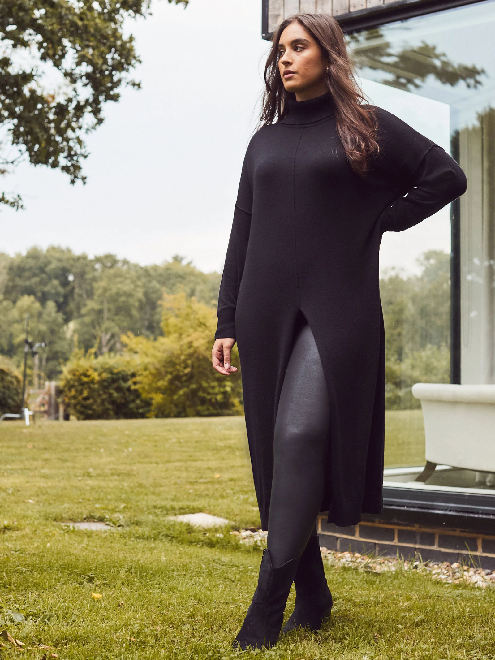 Black Cashmere-Blend Split Front Roll Neck Knit Jumper - Image 3