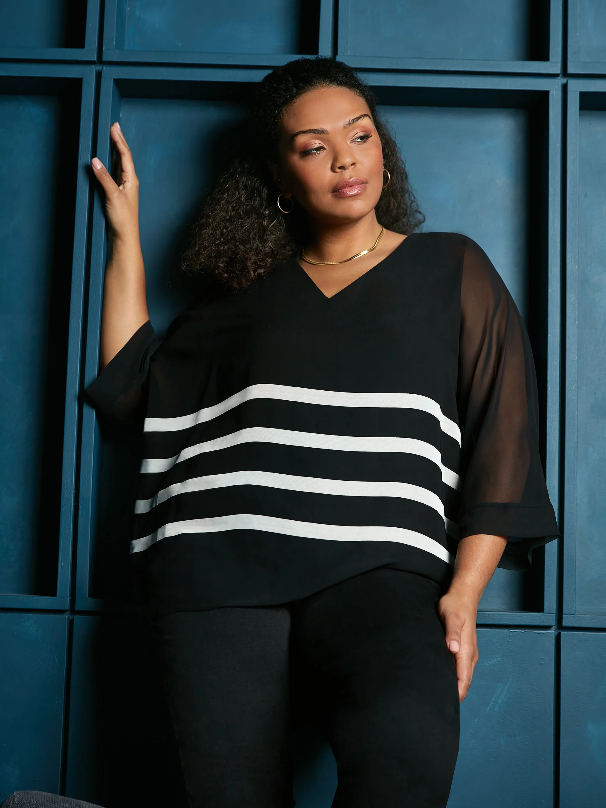 Black Stripe Chiffon V-Neck Overlay Top - Image 2