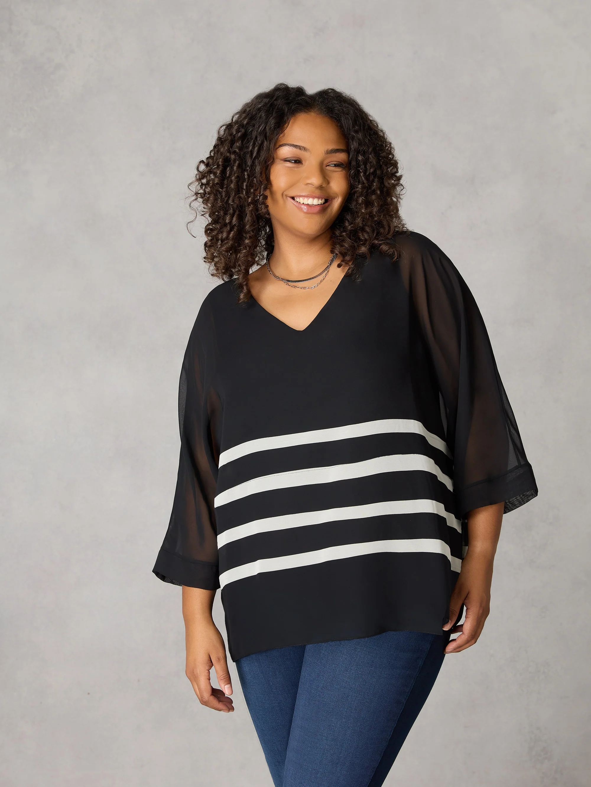 Black Stripe Chiffon V-Neck Overlay Top - Image 3