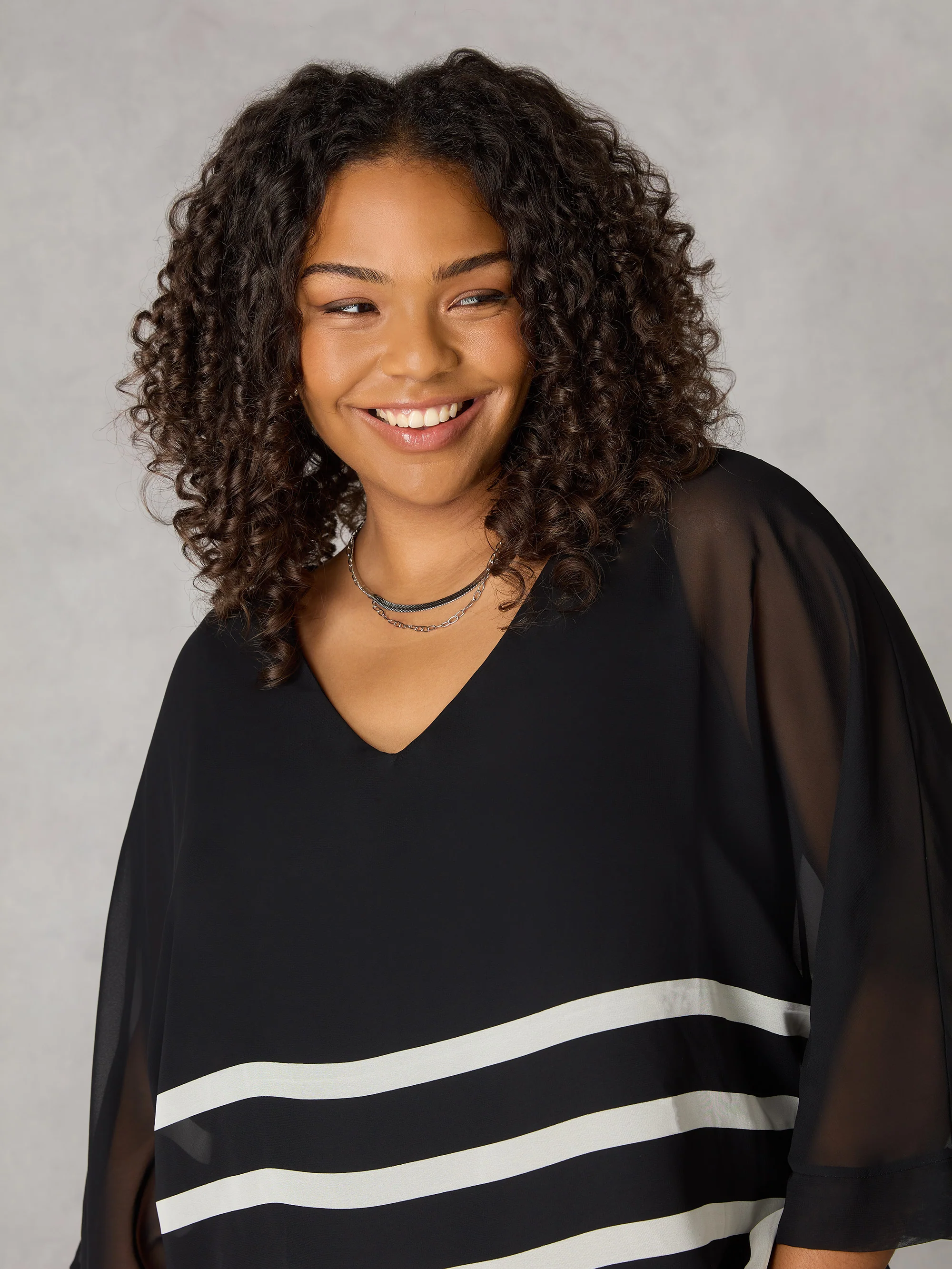 Black Stripe Chiffon V-Neck Overlay Top - Image 4