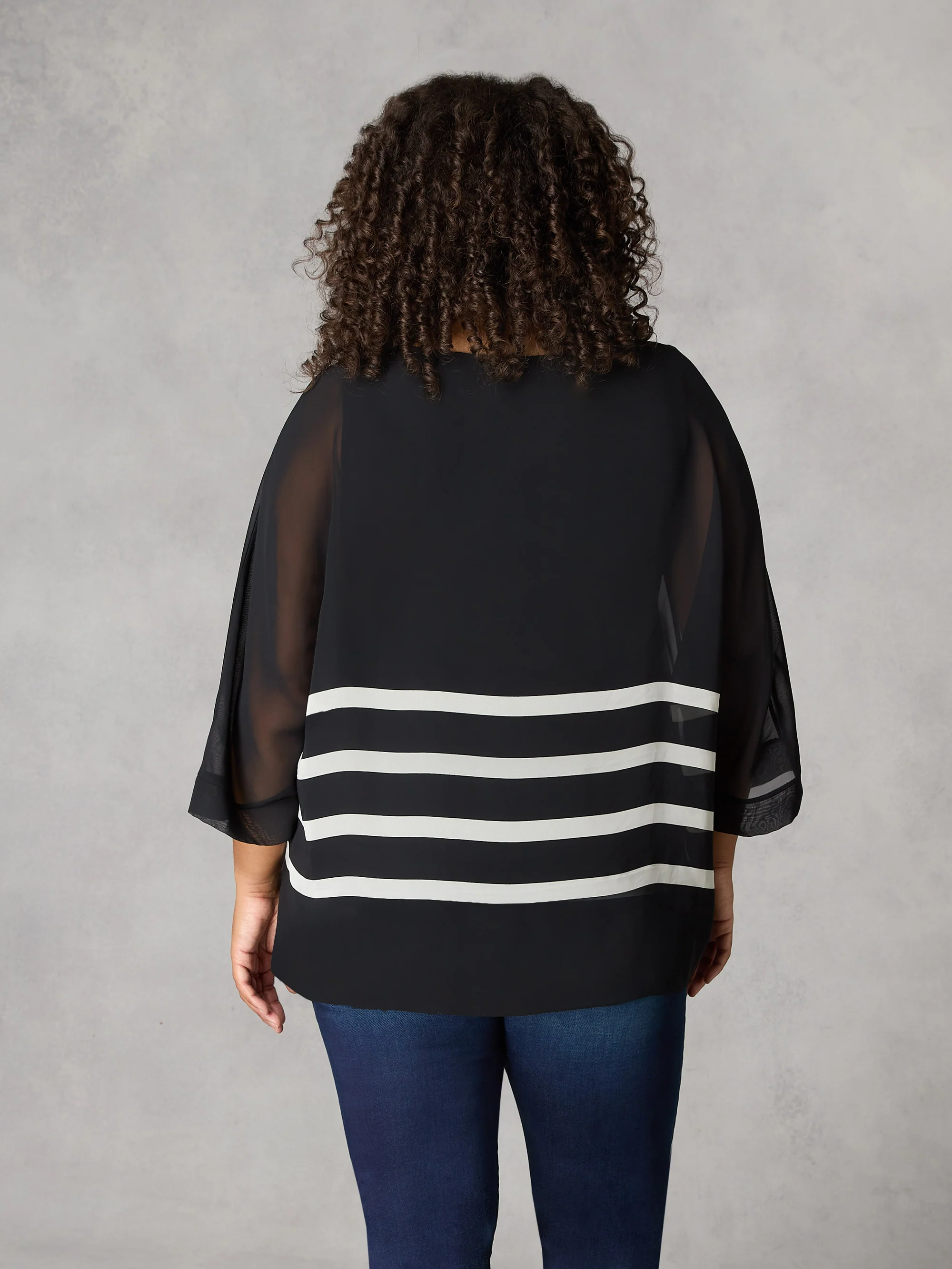 Black Stripe Chiffon V-Neck Overlay Top - Image 5