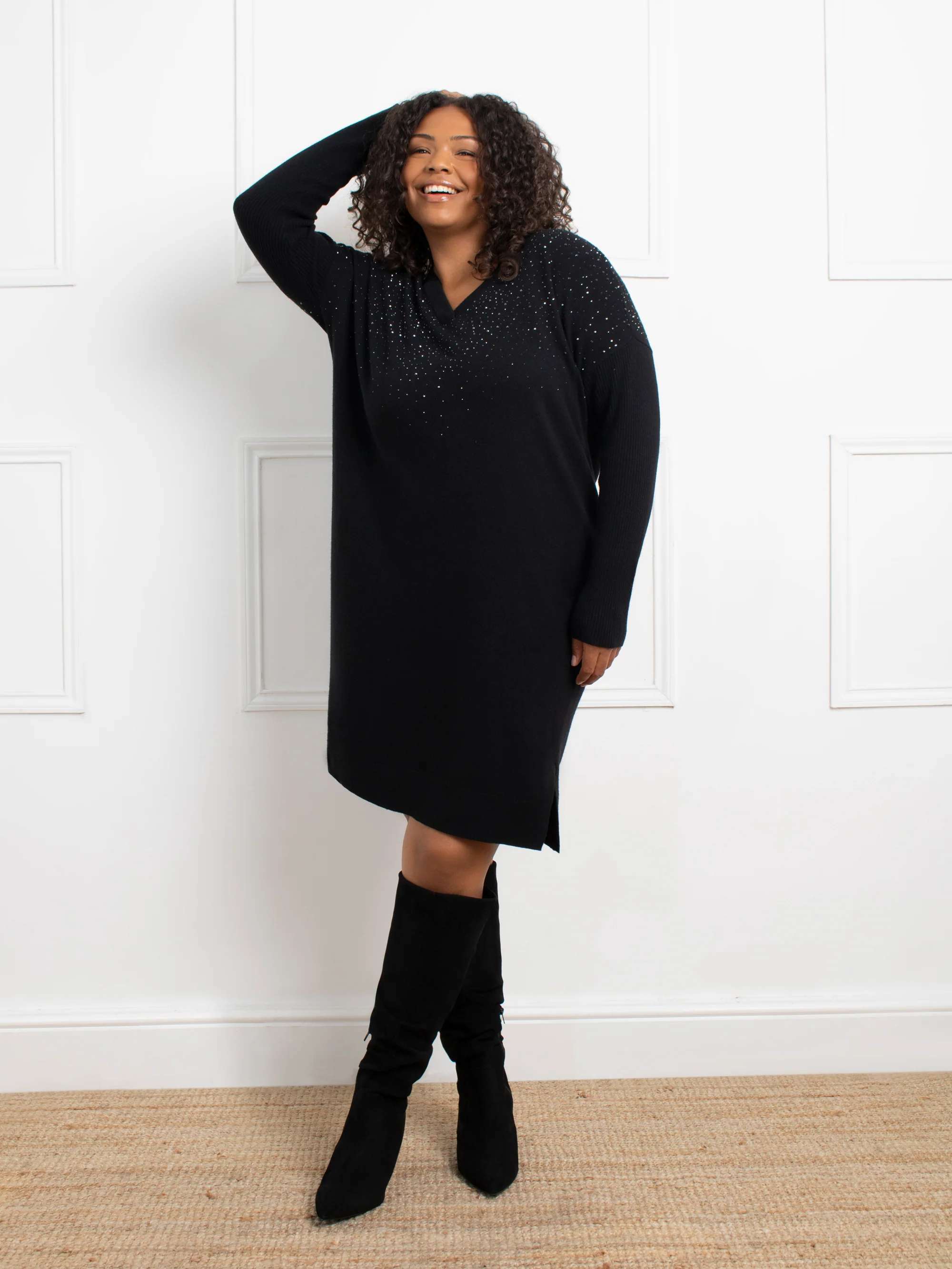 Black Sparkle V-Neck Jumper Dress - Image 2