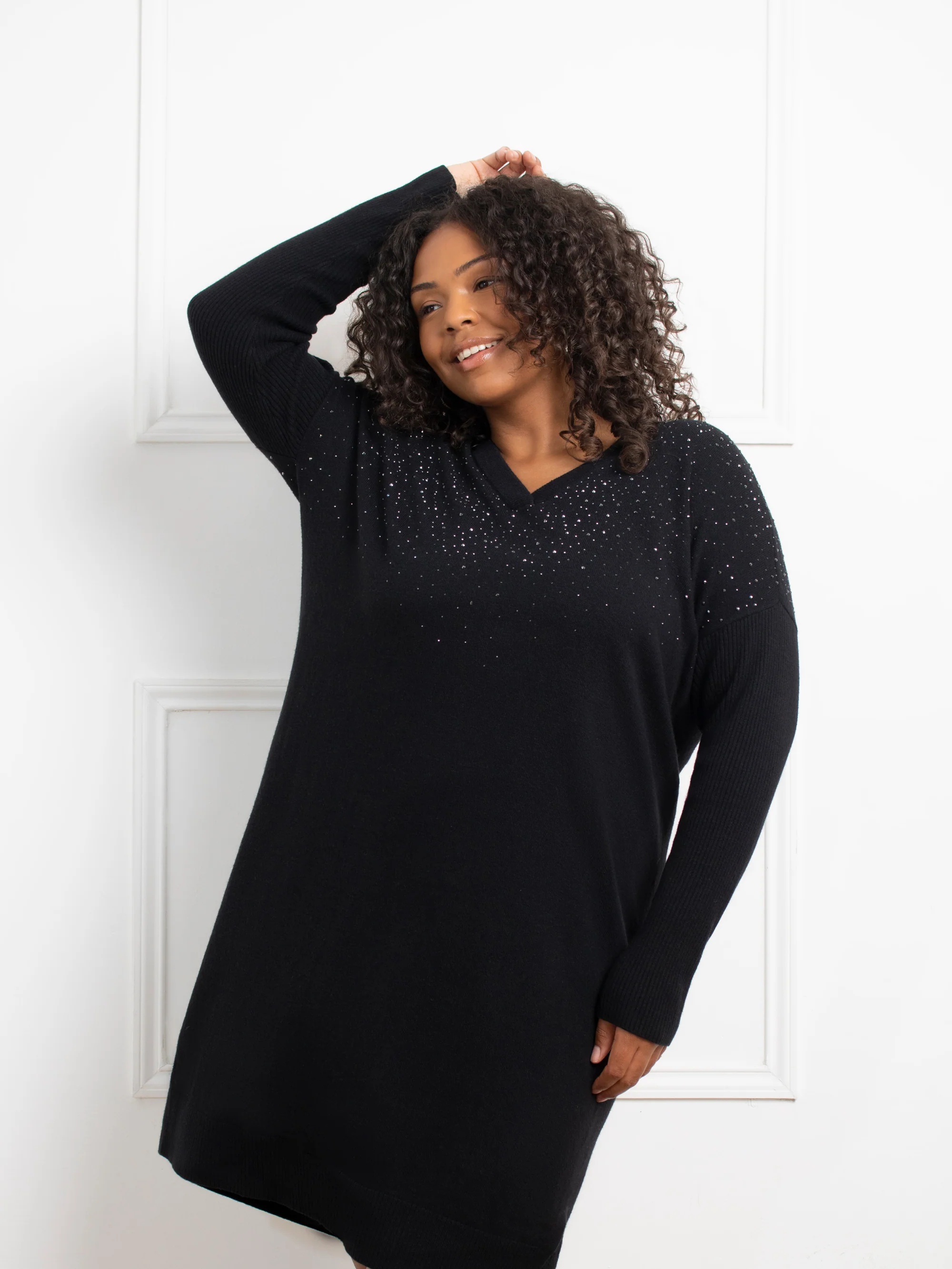 Black Sparkle V-Neck Jumper Dress - Image 3