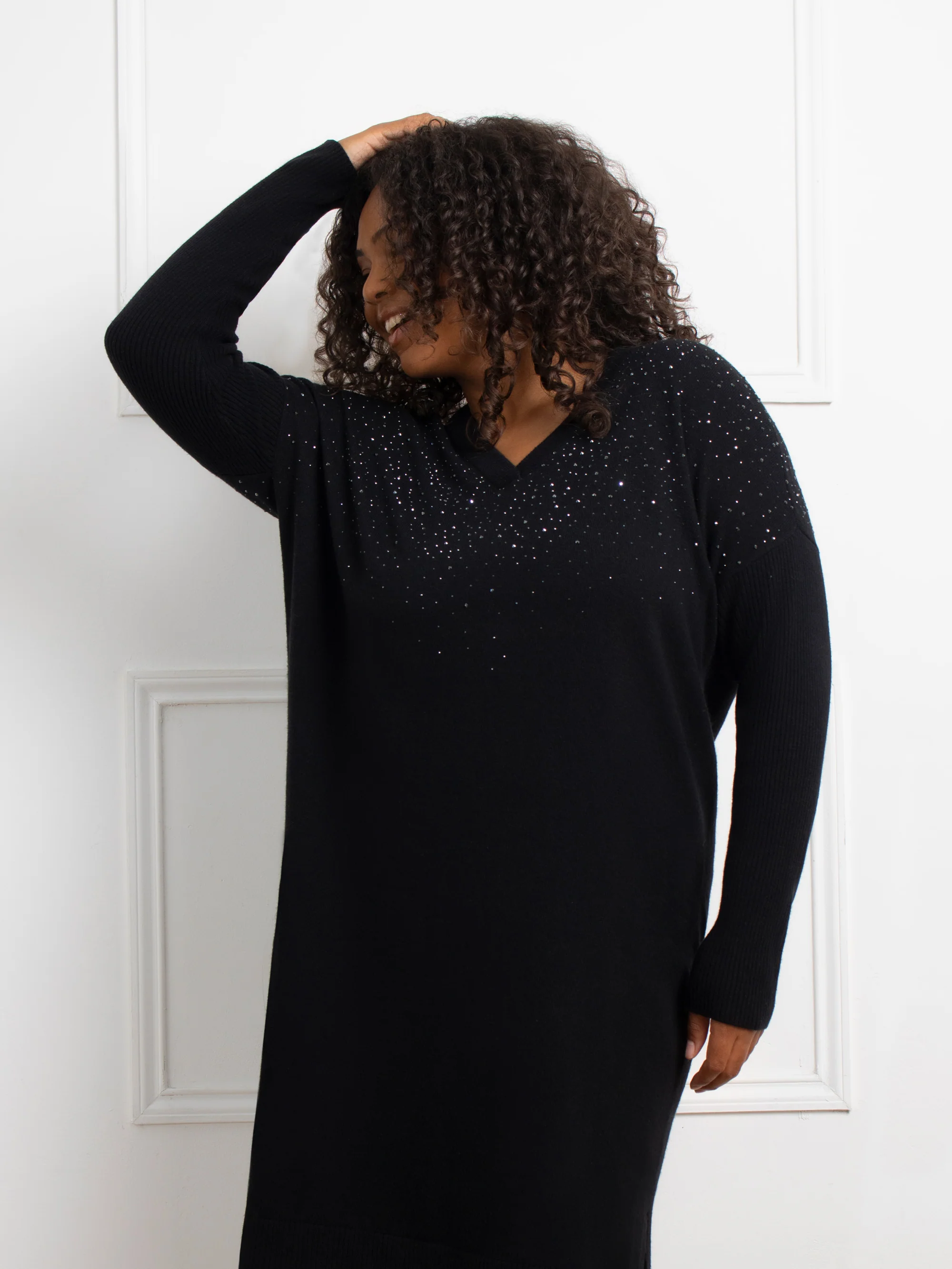 Black Sparkle V-Neck Jumper Dress - Image 4