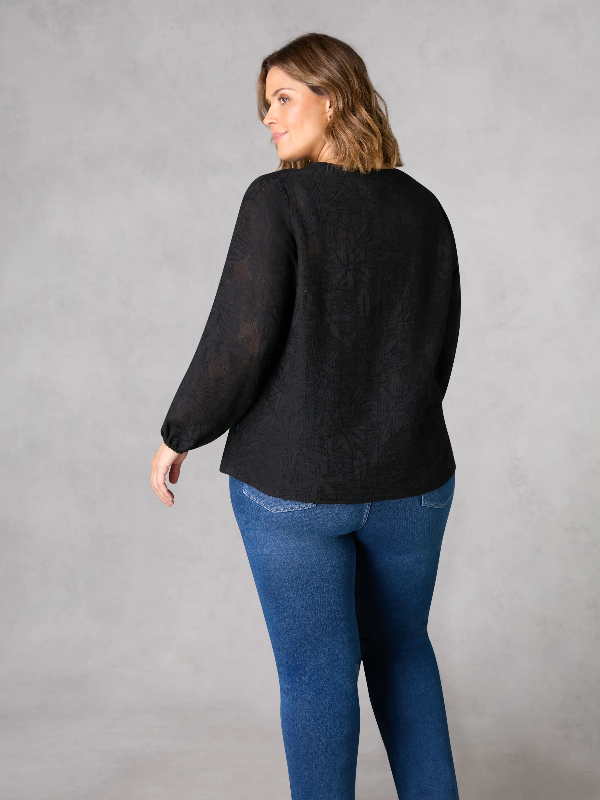 Black Textured Floral Boho Blouse - Image 3