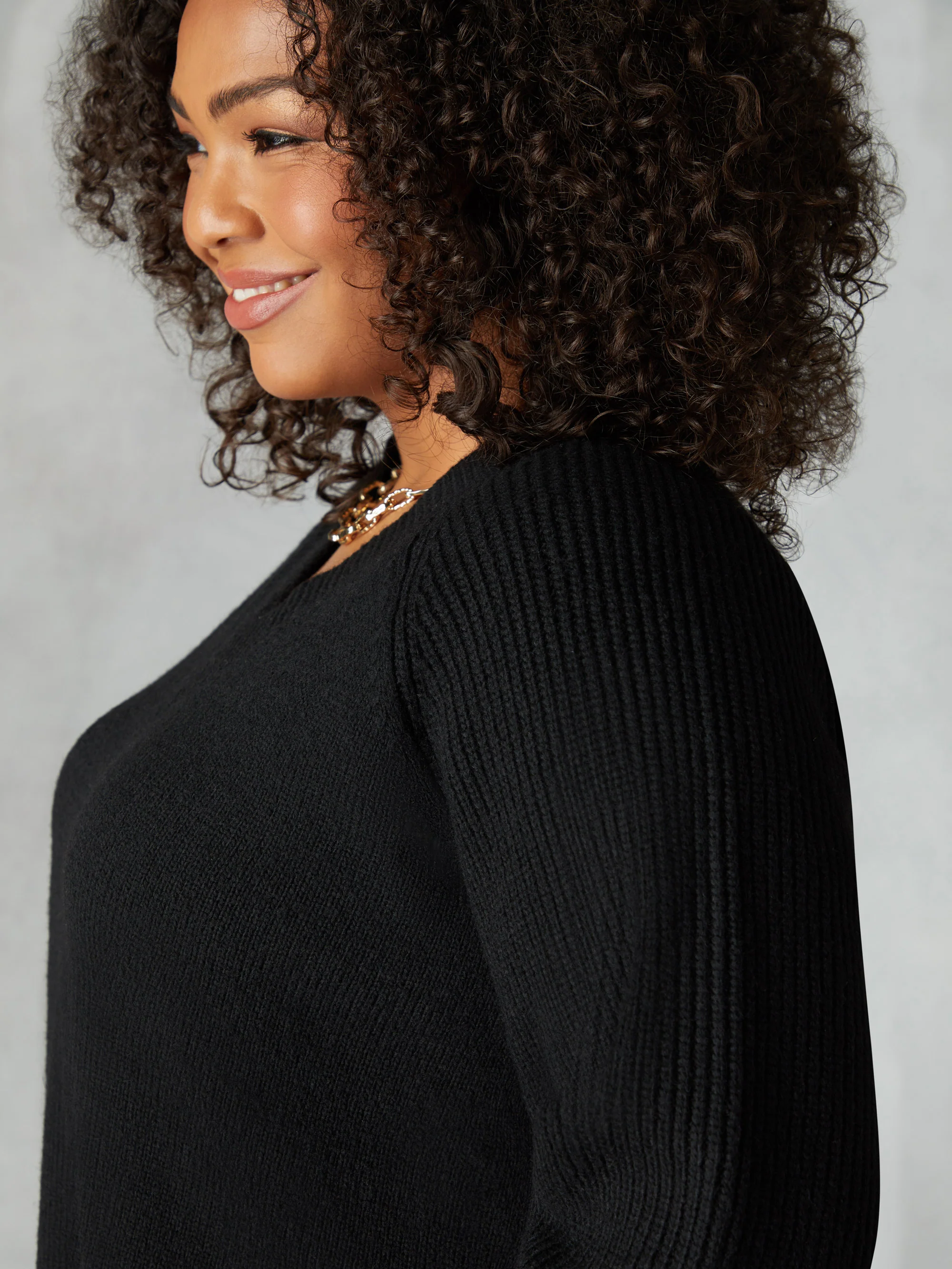 Black Textured Knitted V-Neck Jumper - Image 2