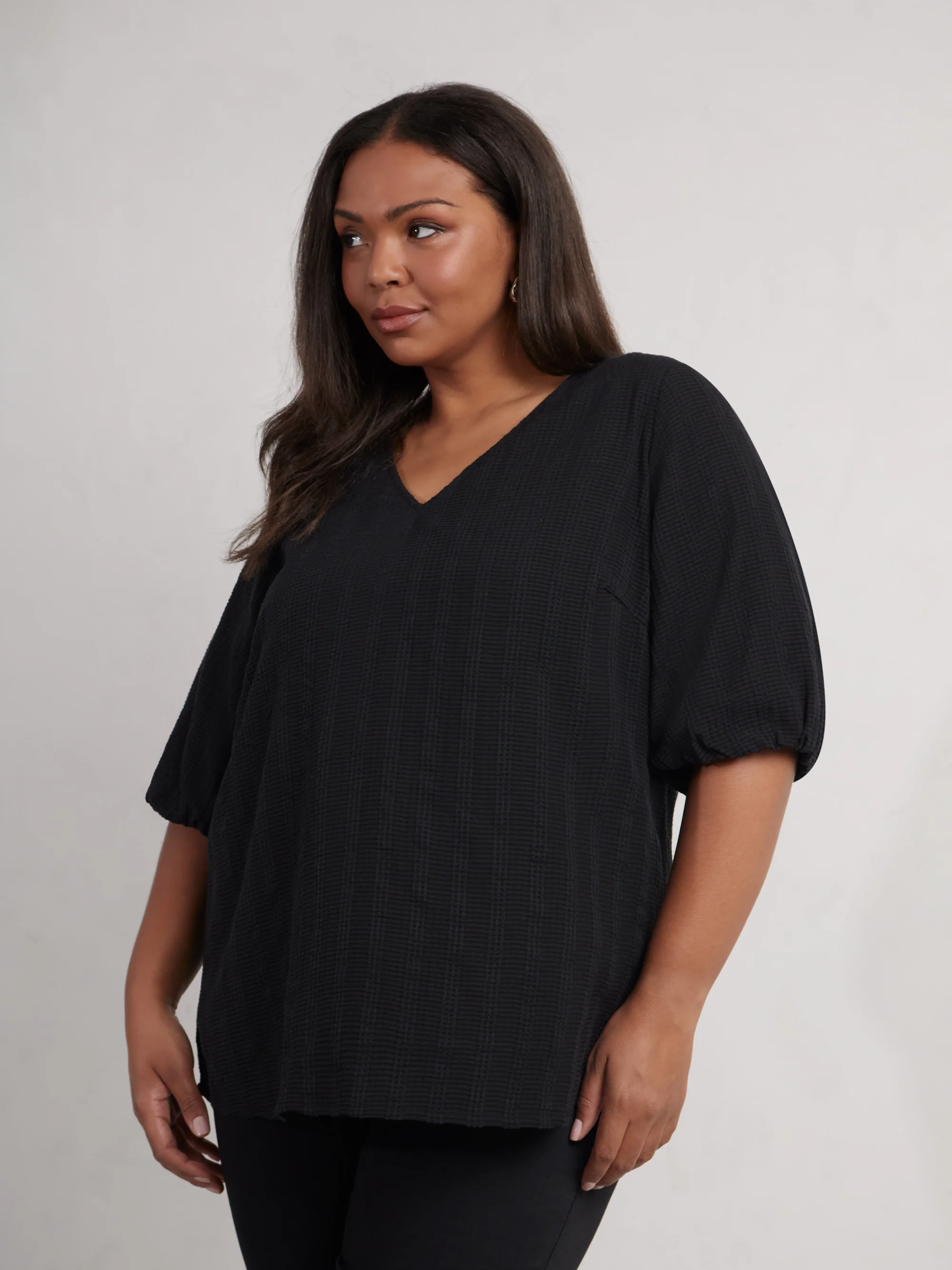 Black Textured Puff Sleeve Top - Image 2