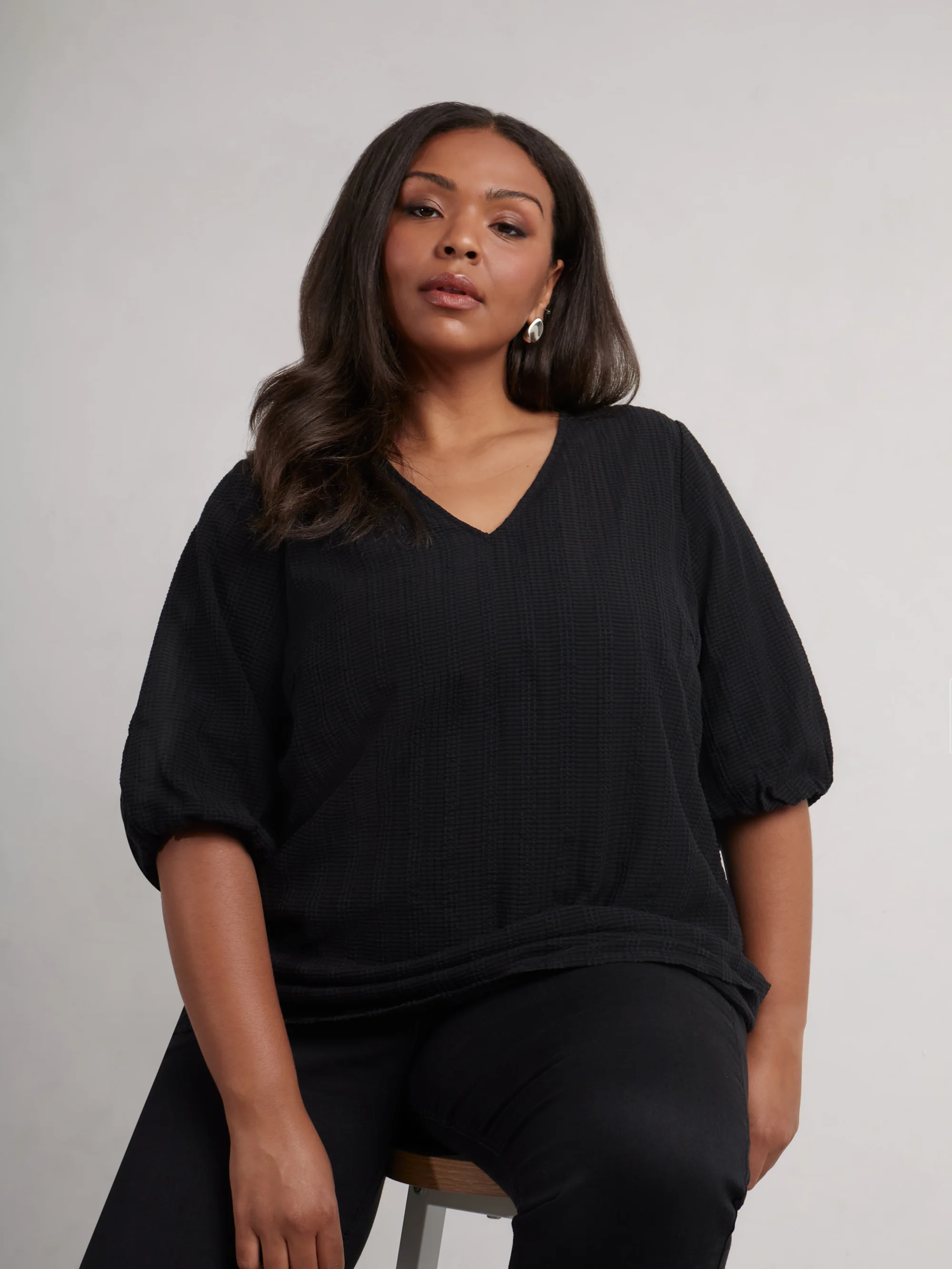Black Textured Puff Sleeve Top - Image 3