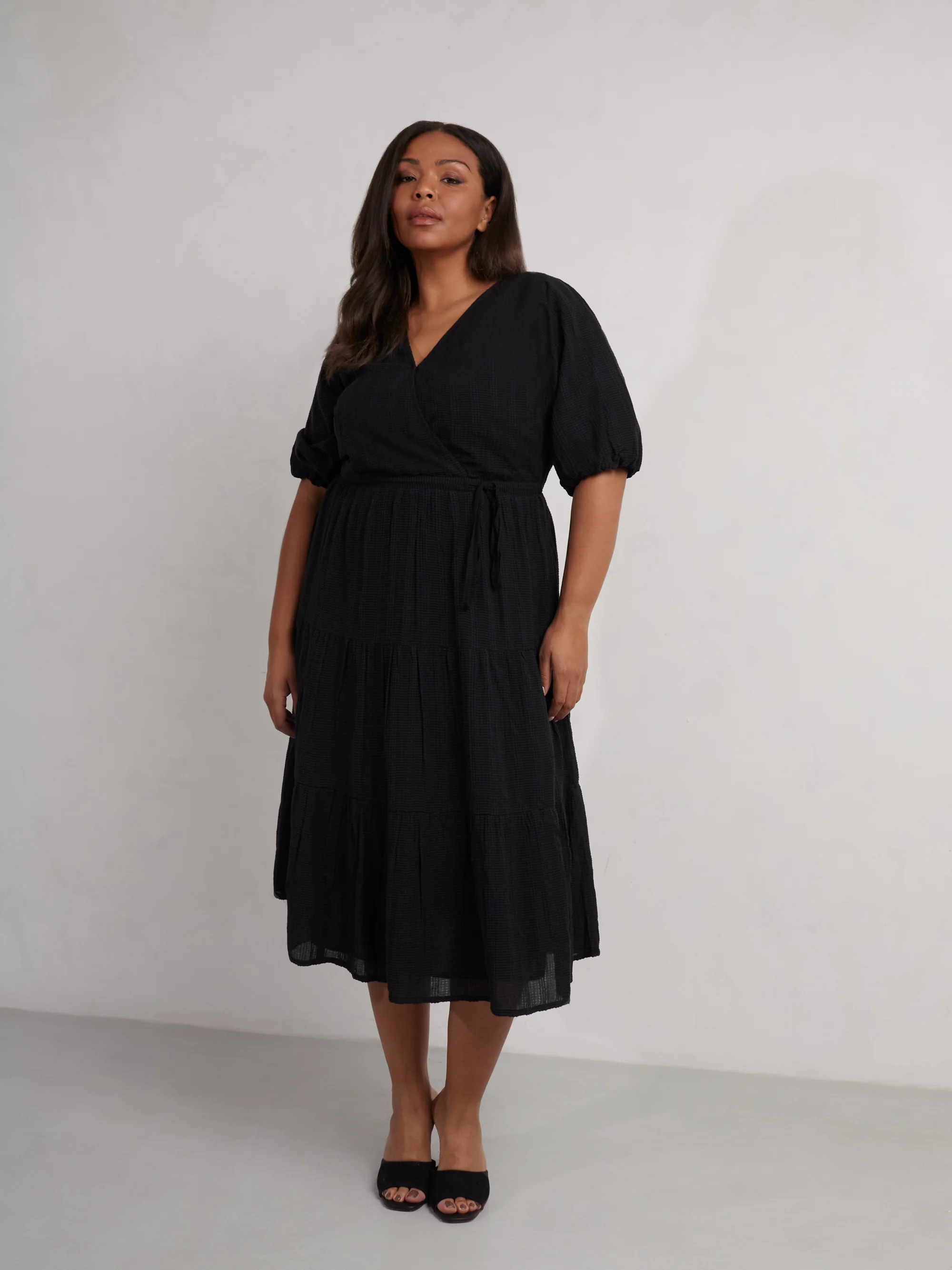 Black Textured Tiered Midi Dress - Image 5