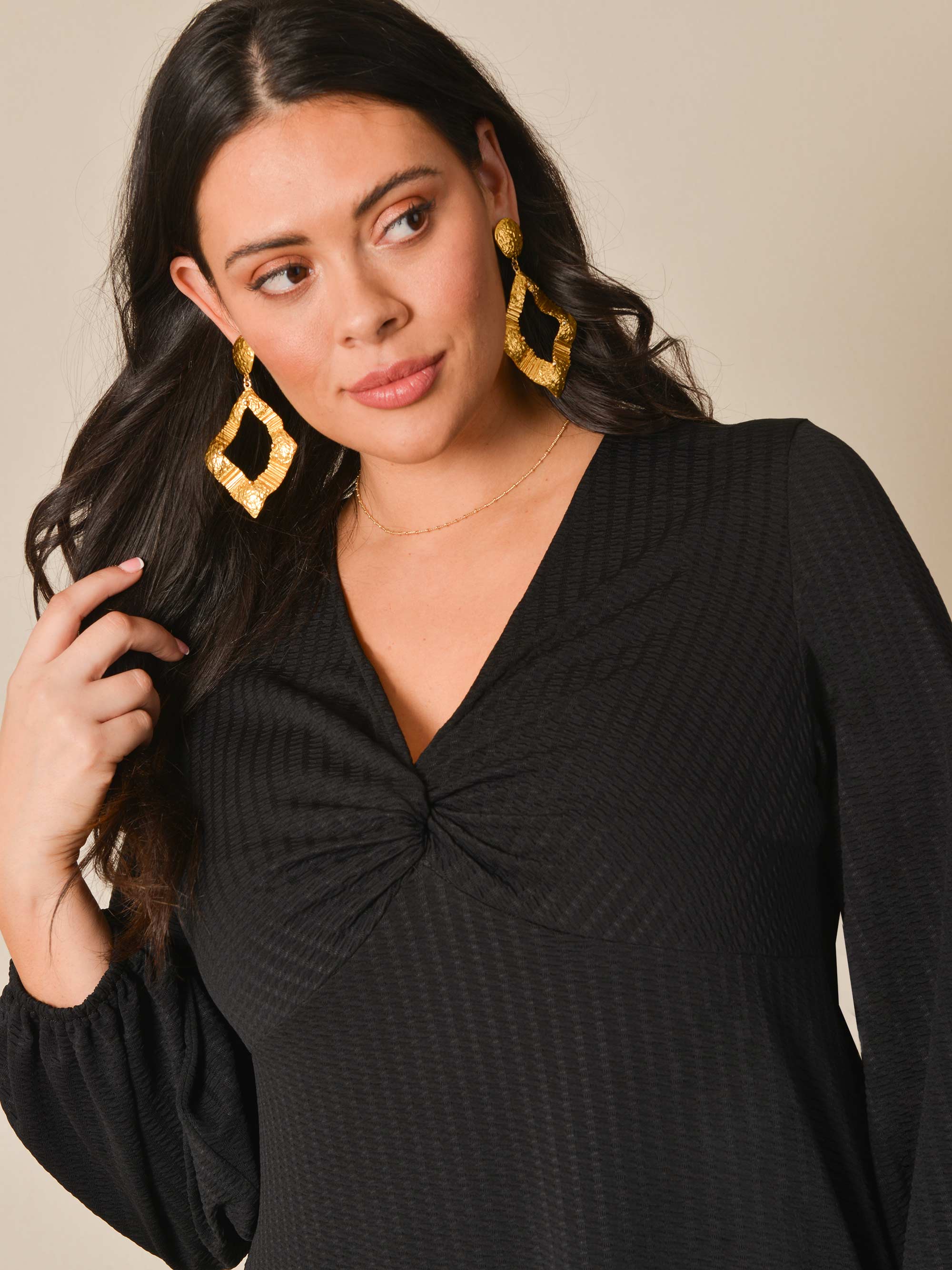 Black Textured Twist Front Jersey Midi Dress - Image 2