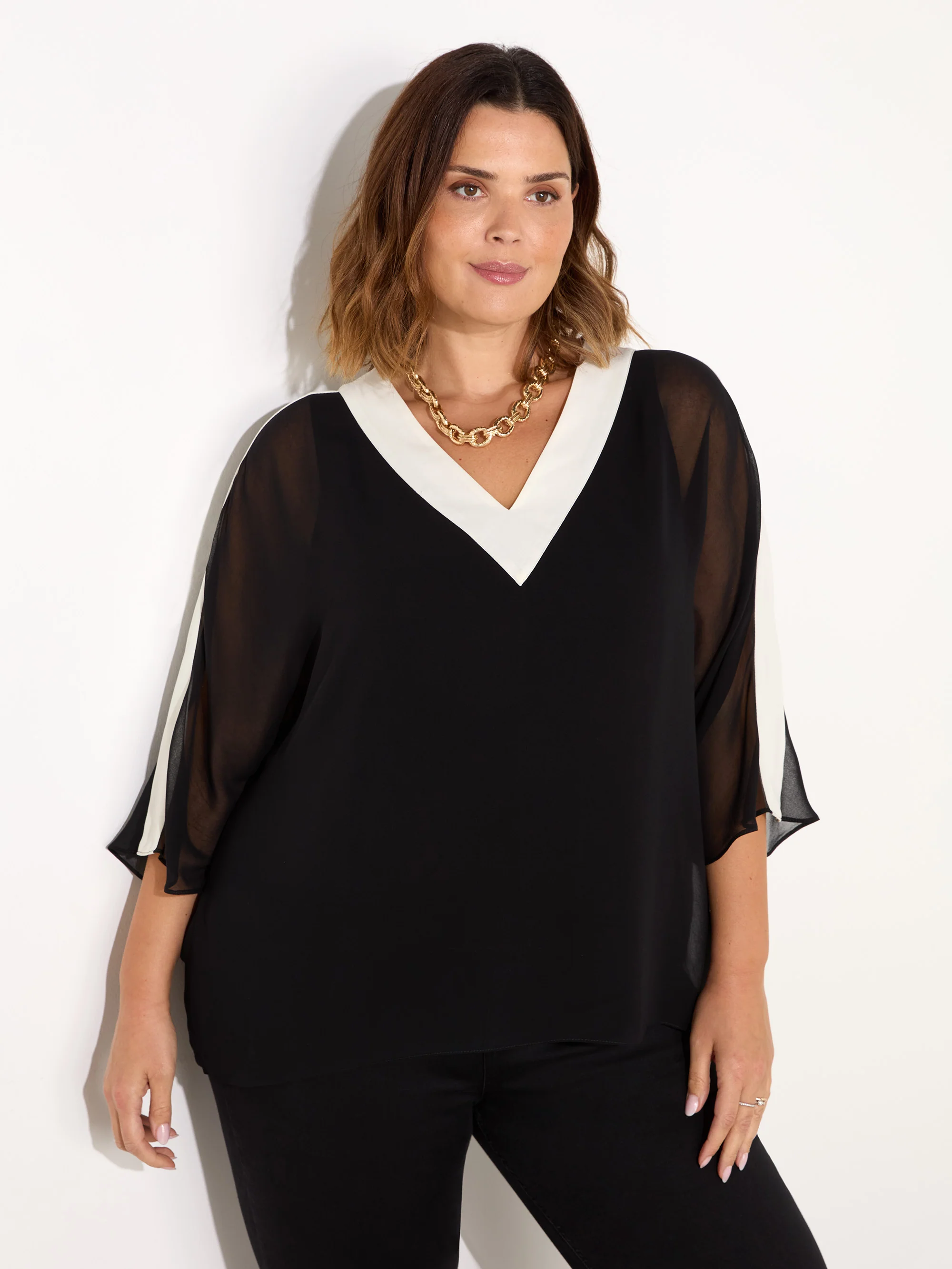 Black V-Neck Colourblock Overlay Top - Image 2