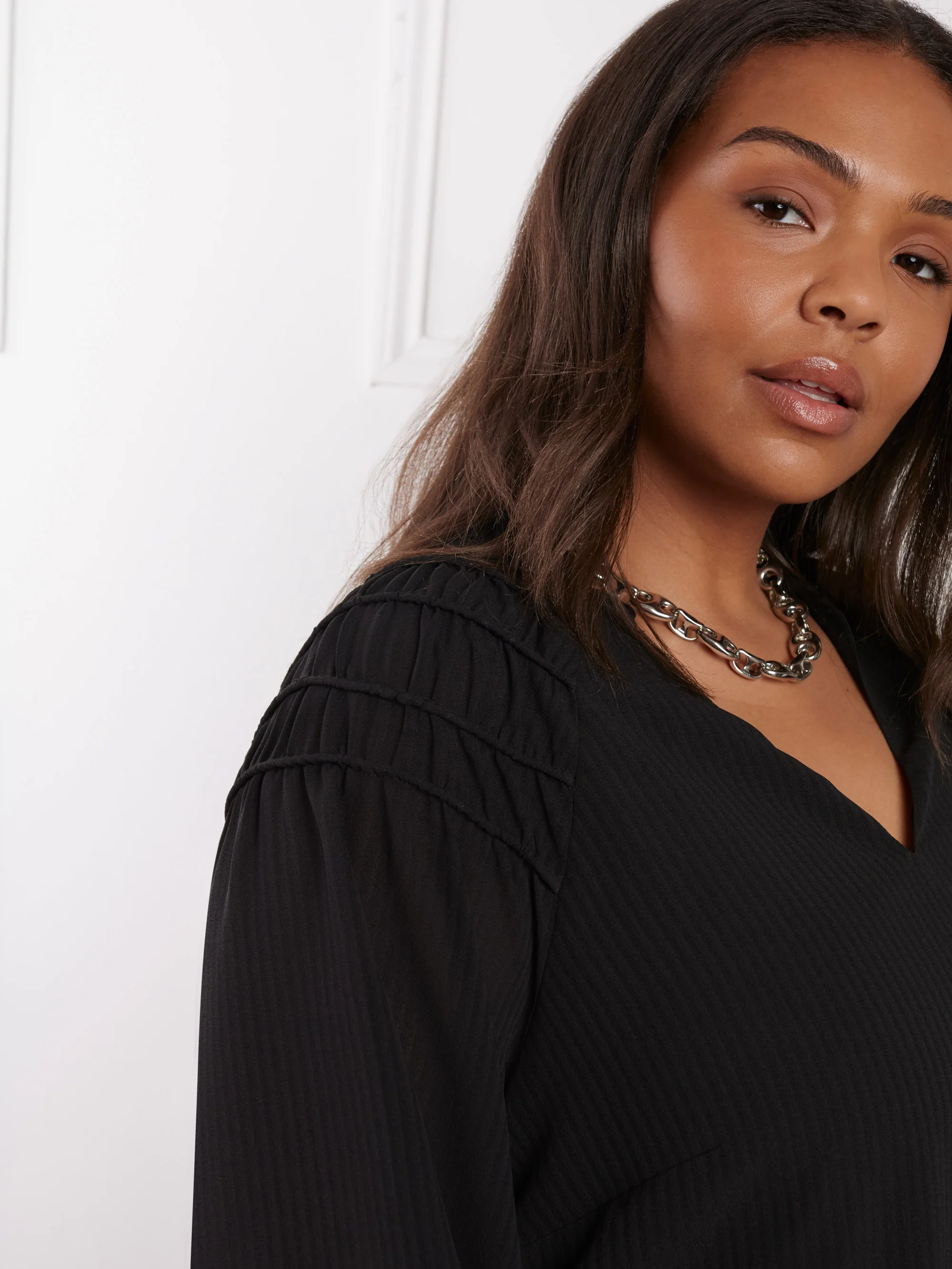 Black V-Neck Smocked Shoulder Blouse - Image 2