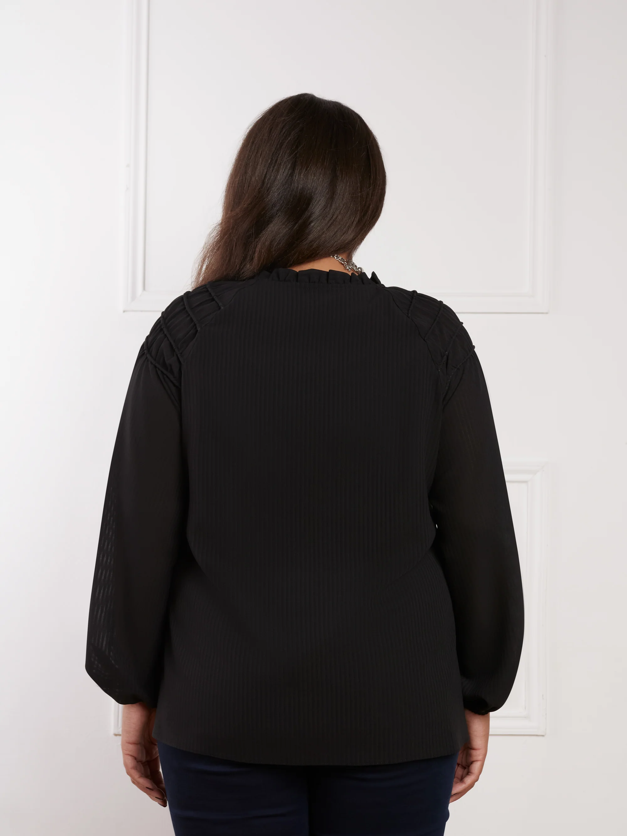 Black V-Neck Smocked Shoulder Blouse - Image 3