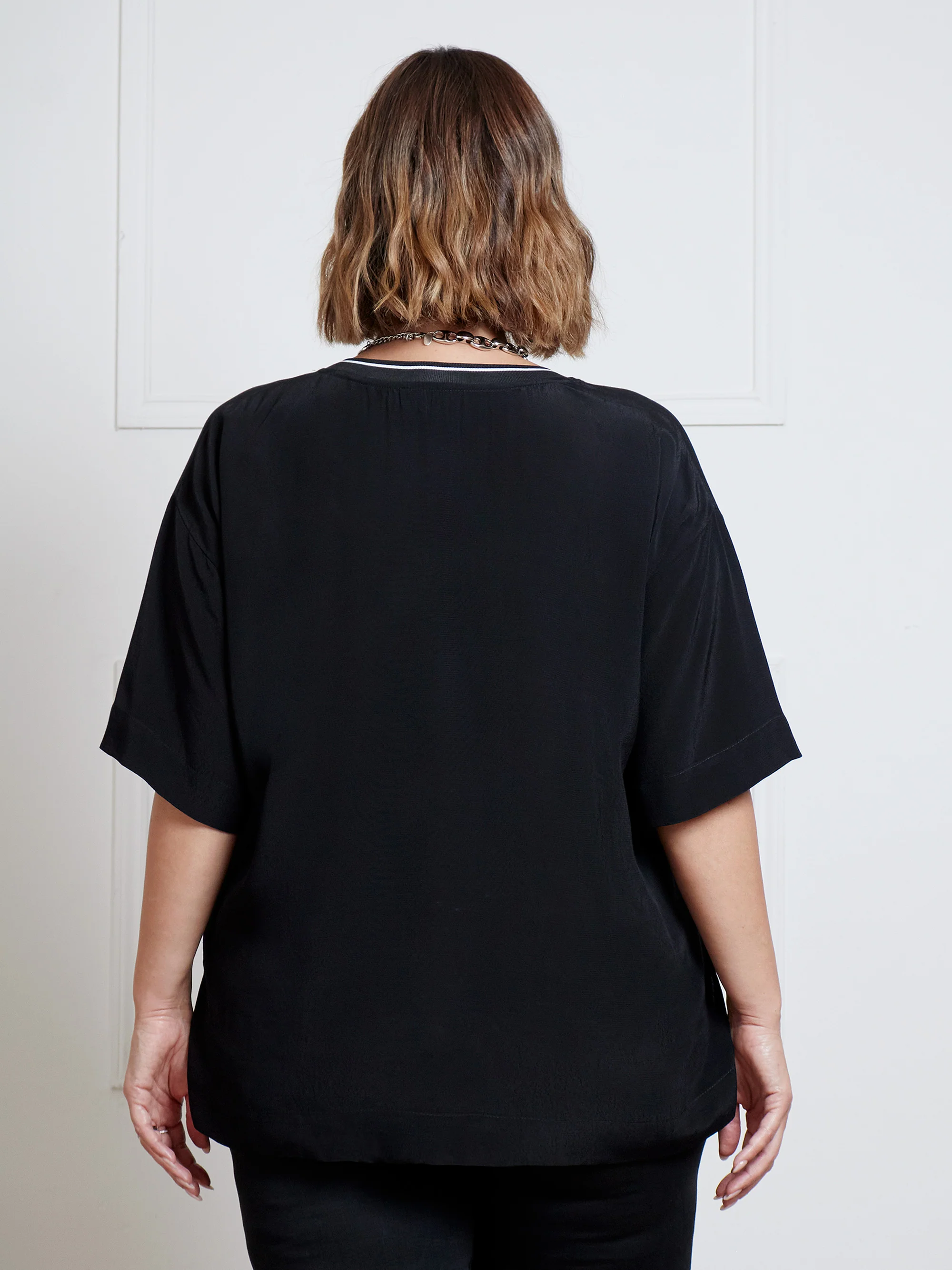Black V-Neck Stripe Trim Top - Image 3
