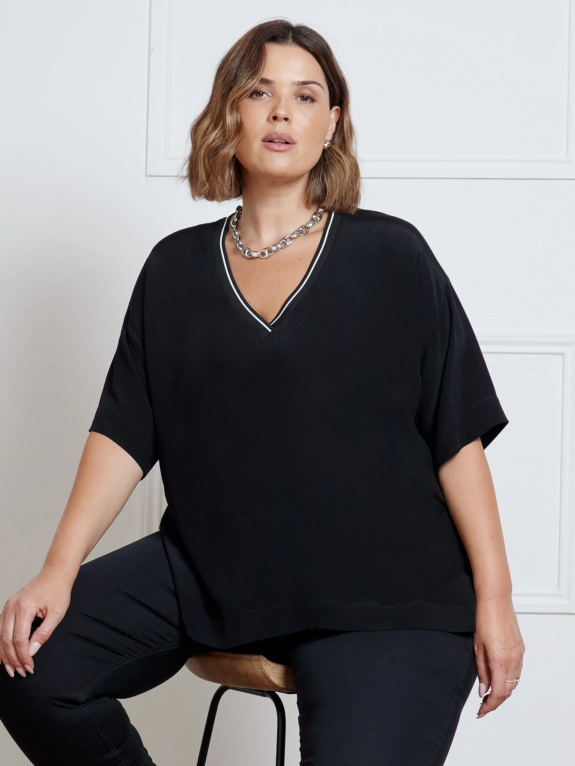 Black V-Neck Stripe Trim Top - Image 4