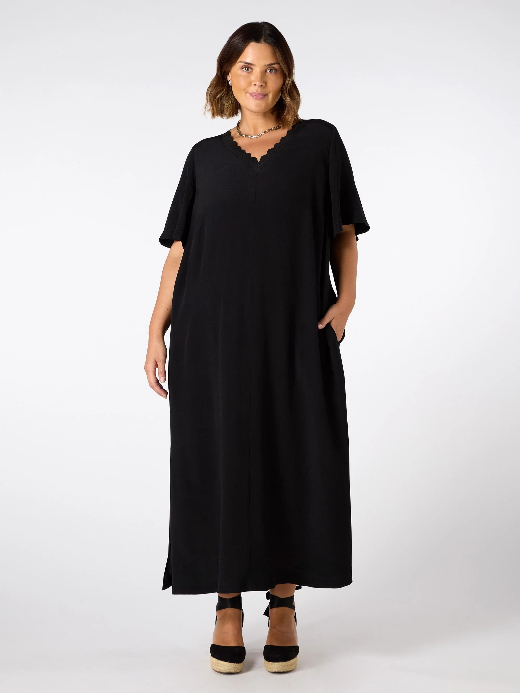 Black V Neck T-Shirt Dress Scallop Rib - Image 2
