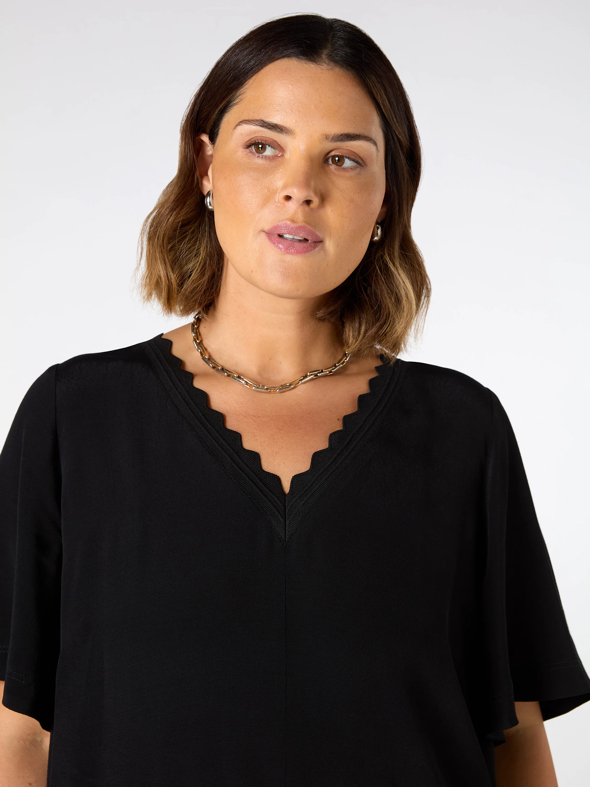 Black V Neck T-Shirt Dress Scallop Rib - Image 3
