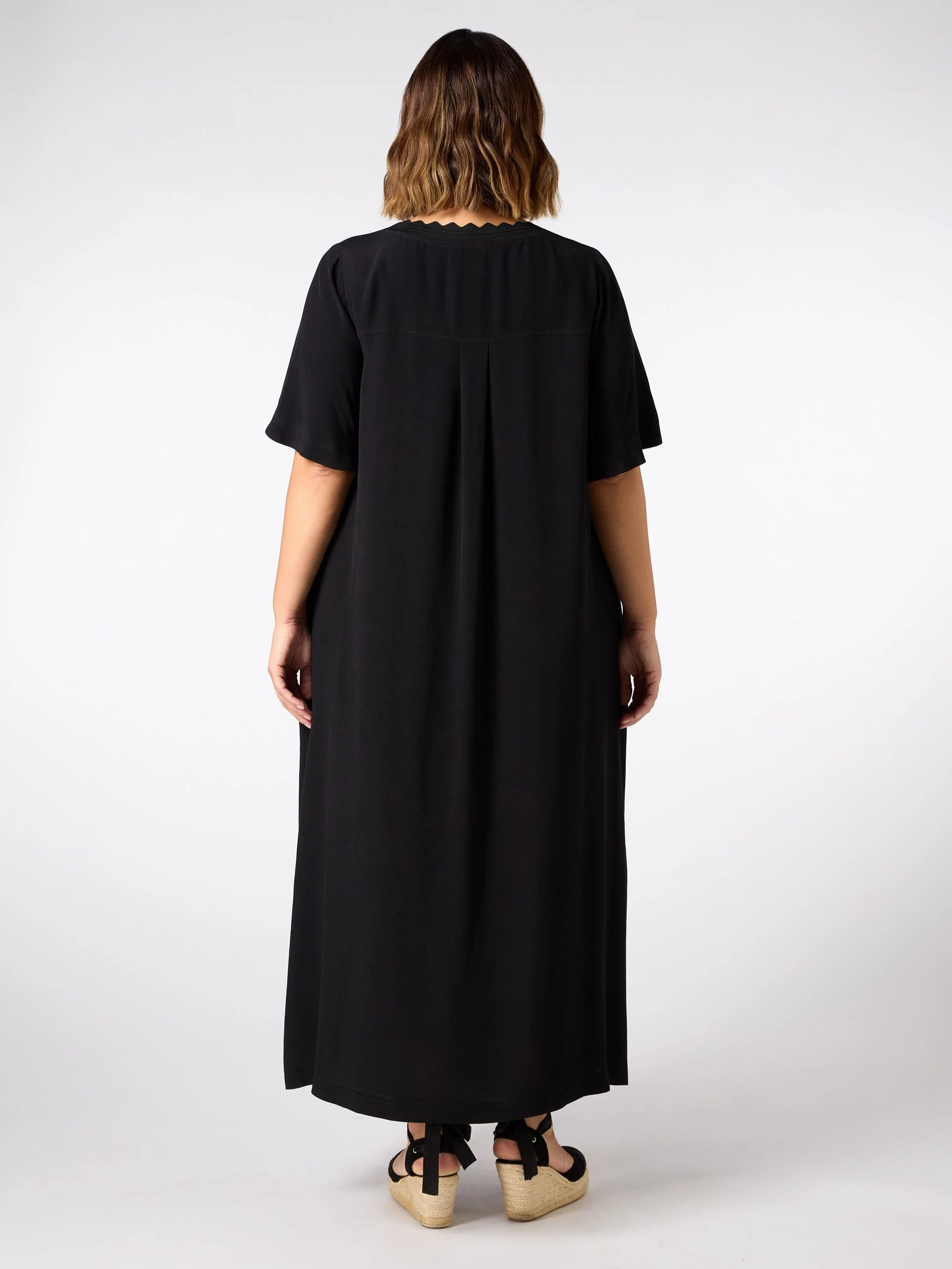 Black V Neck T-Shirt Dress Scallop Rib - Image 5