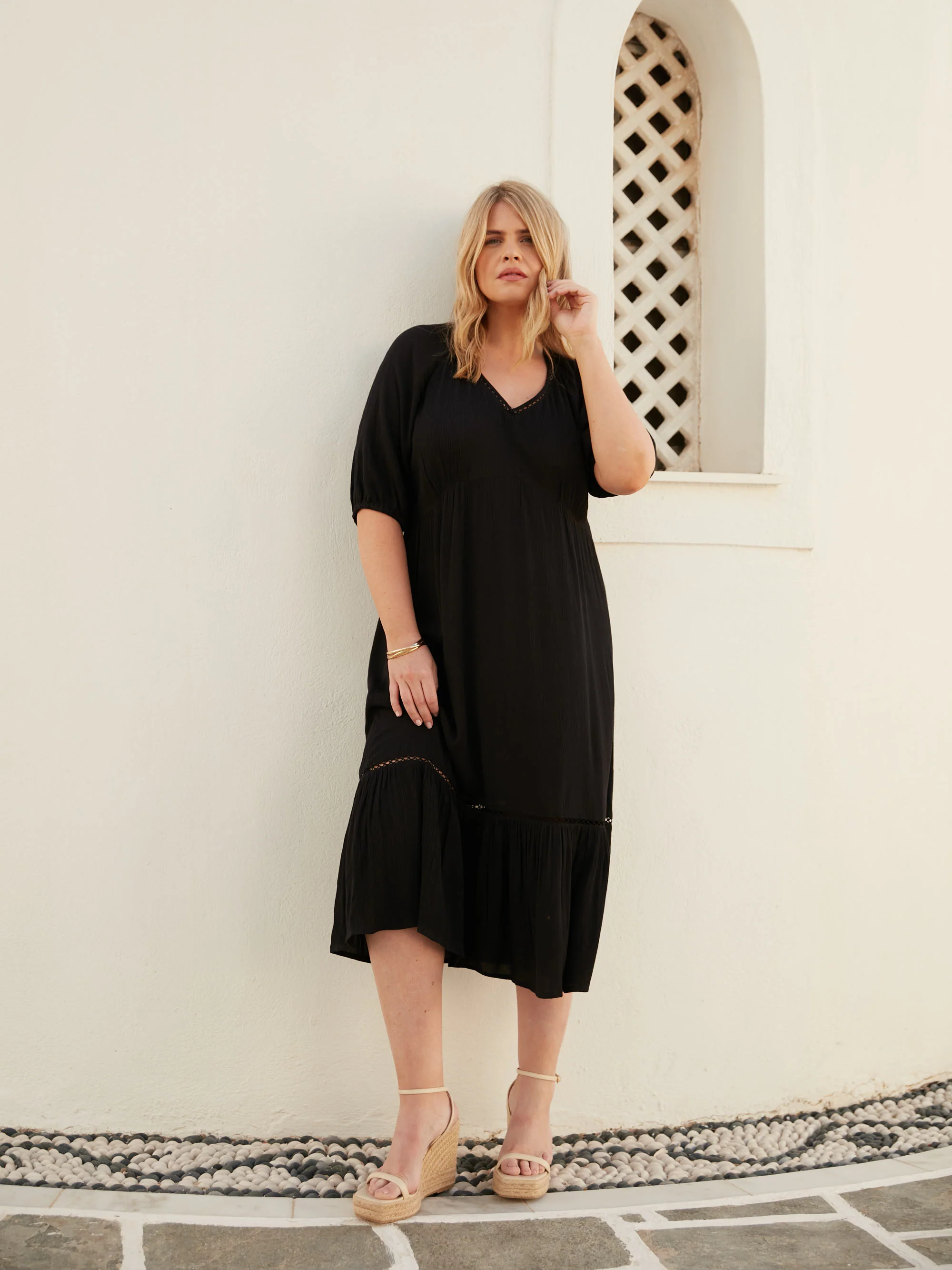 Black V-Neck Tiered Midi Dress - Image 3