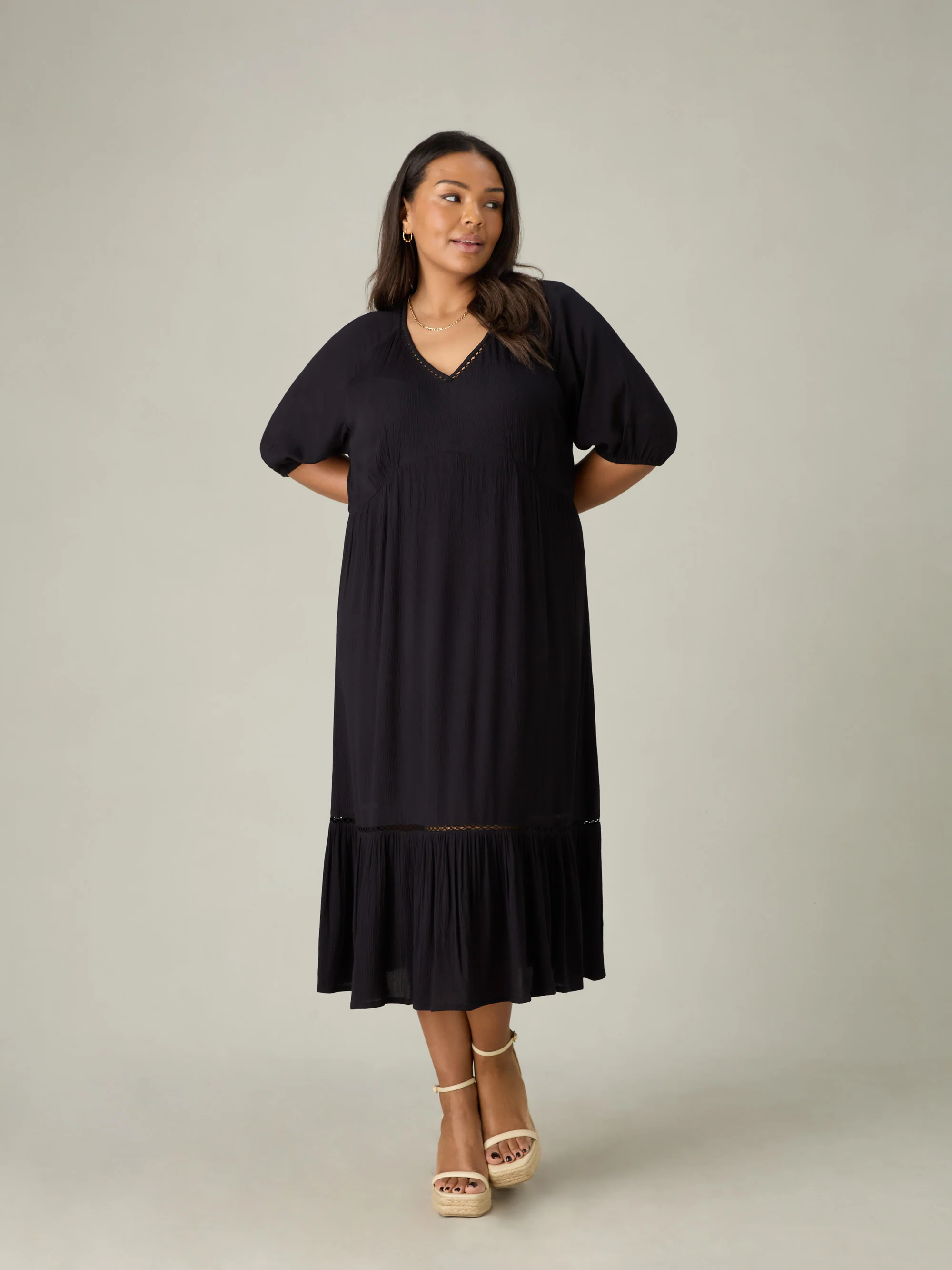 Black V-Neck Tiered Midi Dress - Image 4