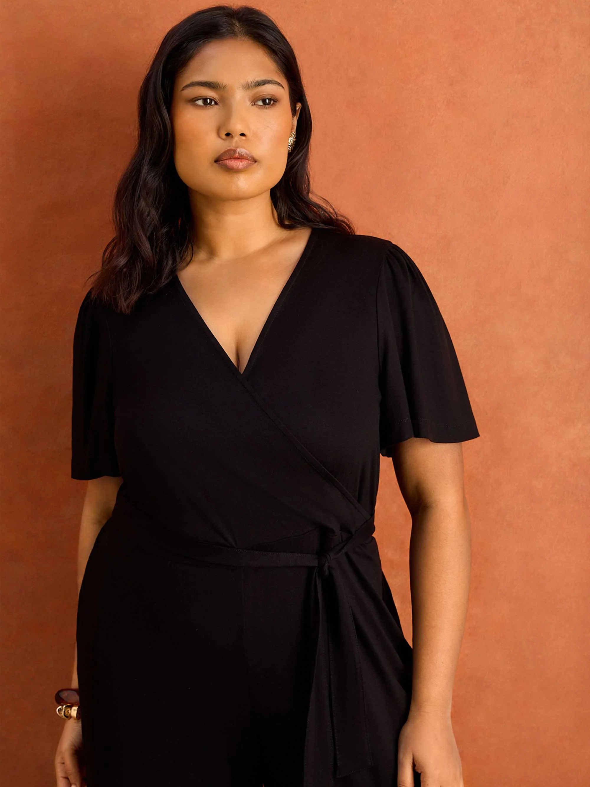 Black V Neck Wrap Flutter Sleeve Jersey Jumpsuit - Image 3