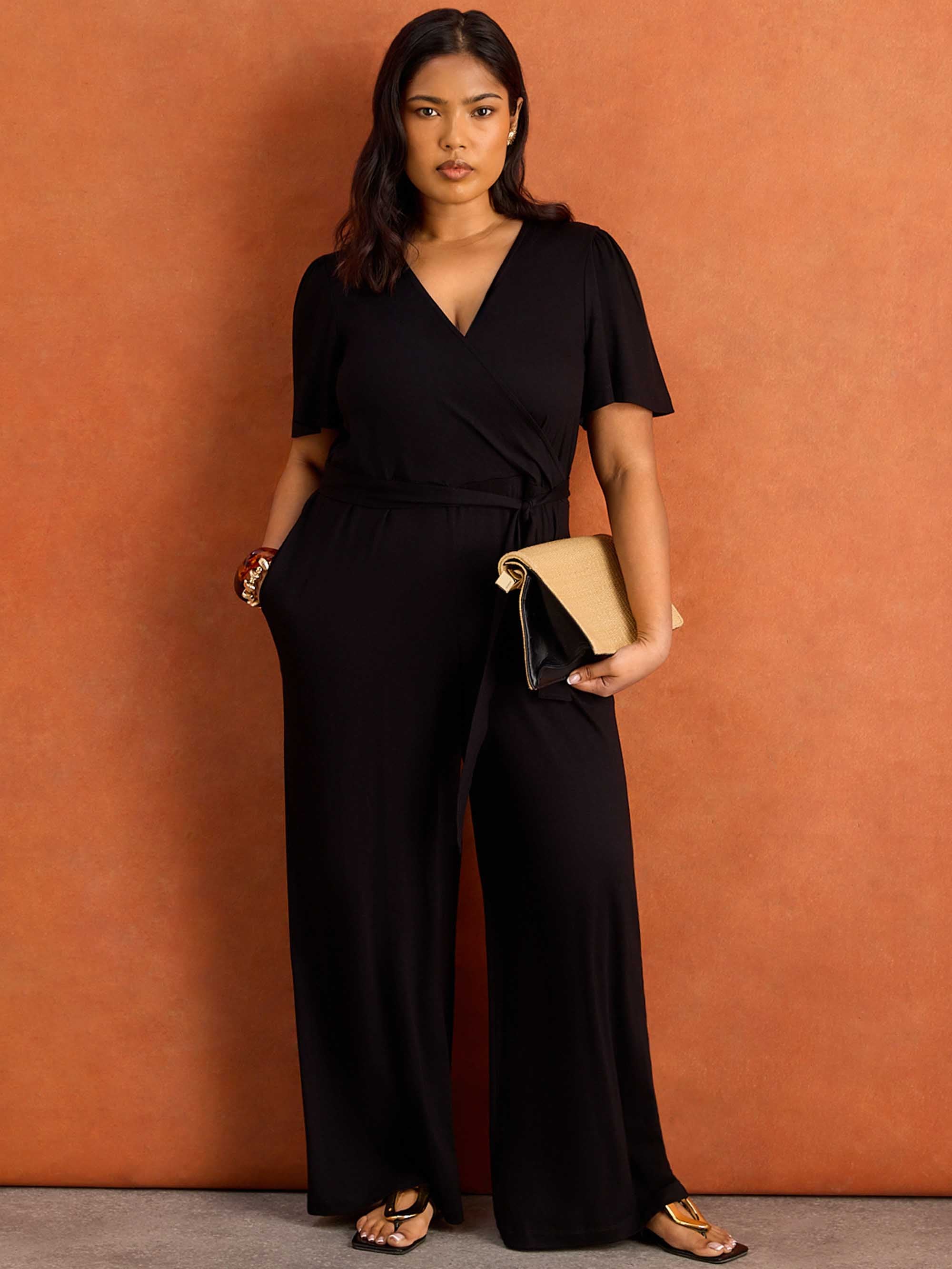 Black V Neck Wrap Flutter Sleeve Jersey Jumpsuit - Image 5