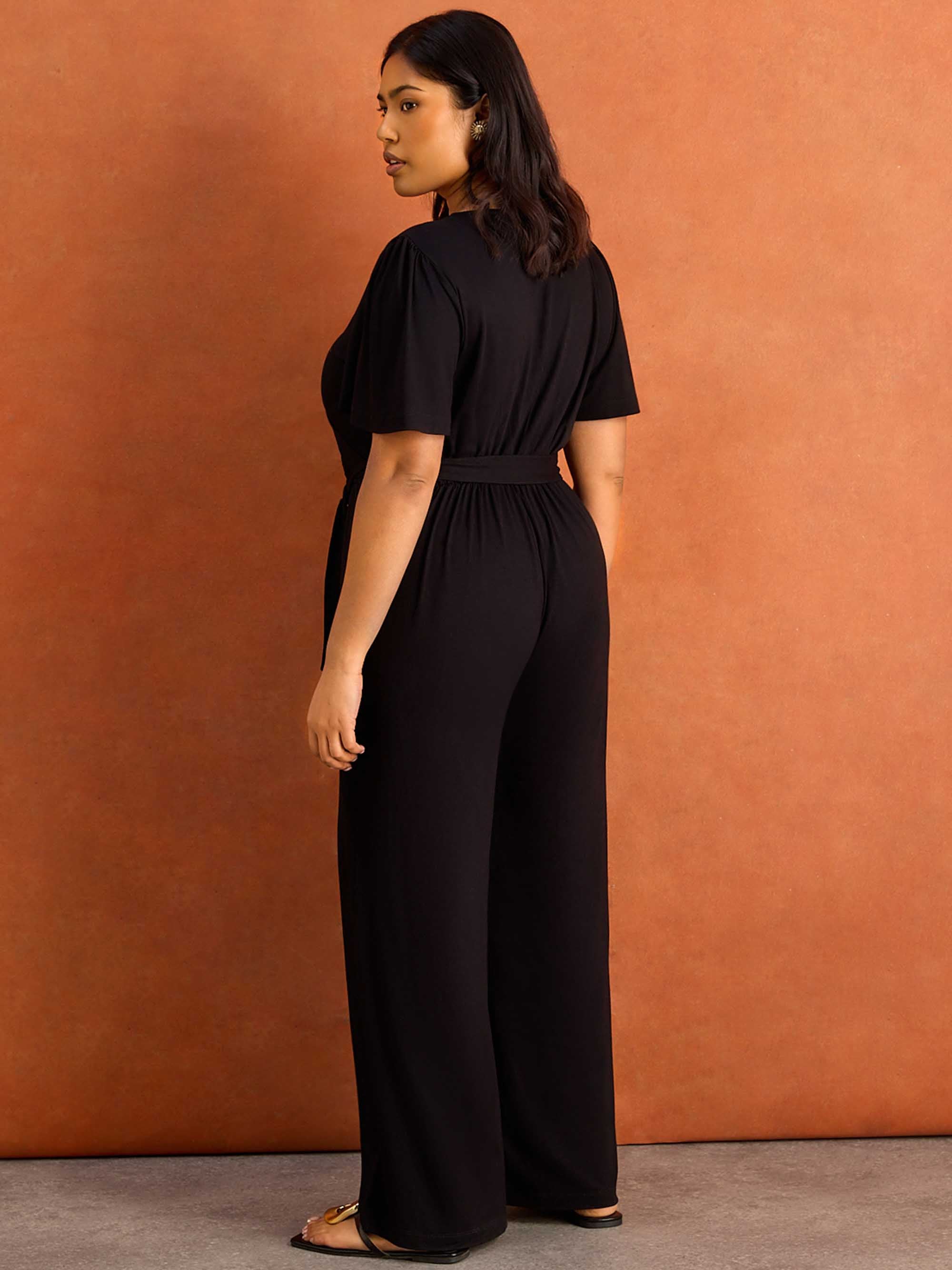 Black V Neck Wrap Flutter Sleeve Jersey Jumpsuit - Image 6
