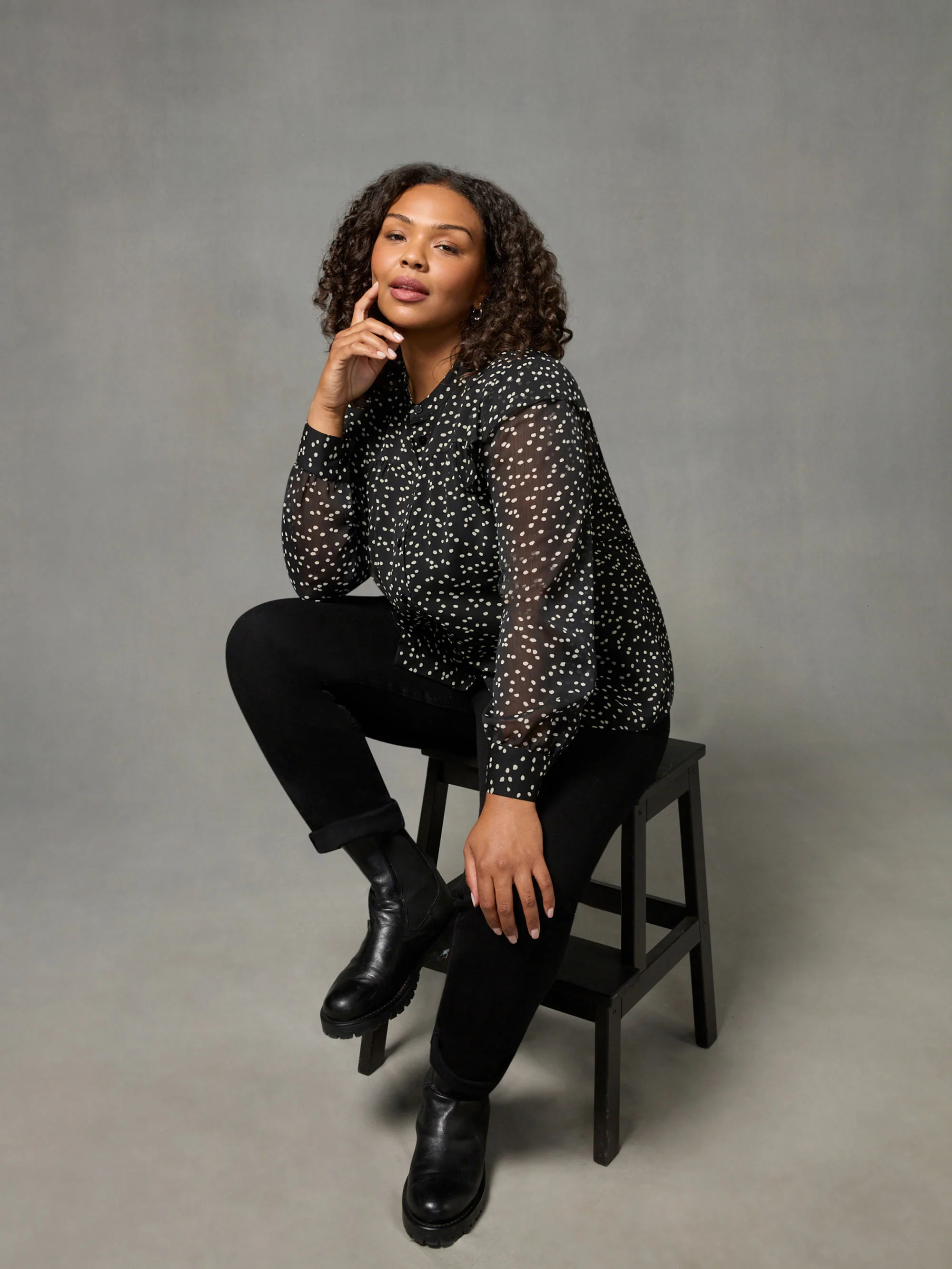 Black & White Spot Ruffle Shoulder Blouse - Image 2
