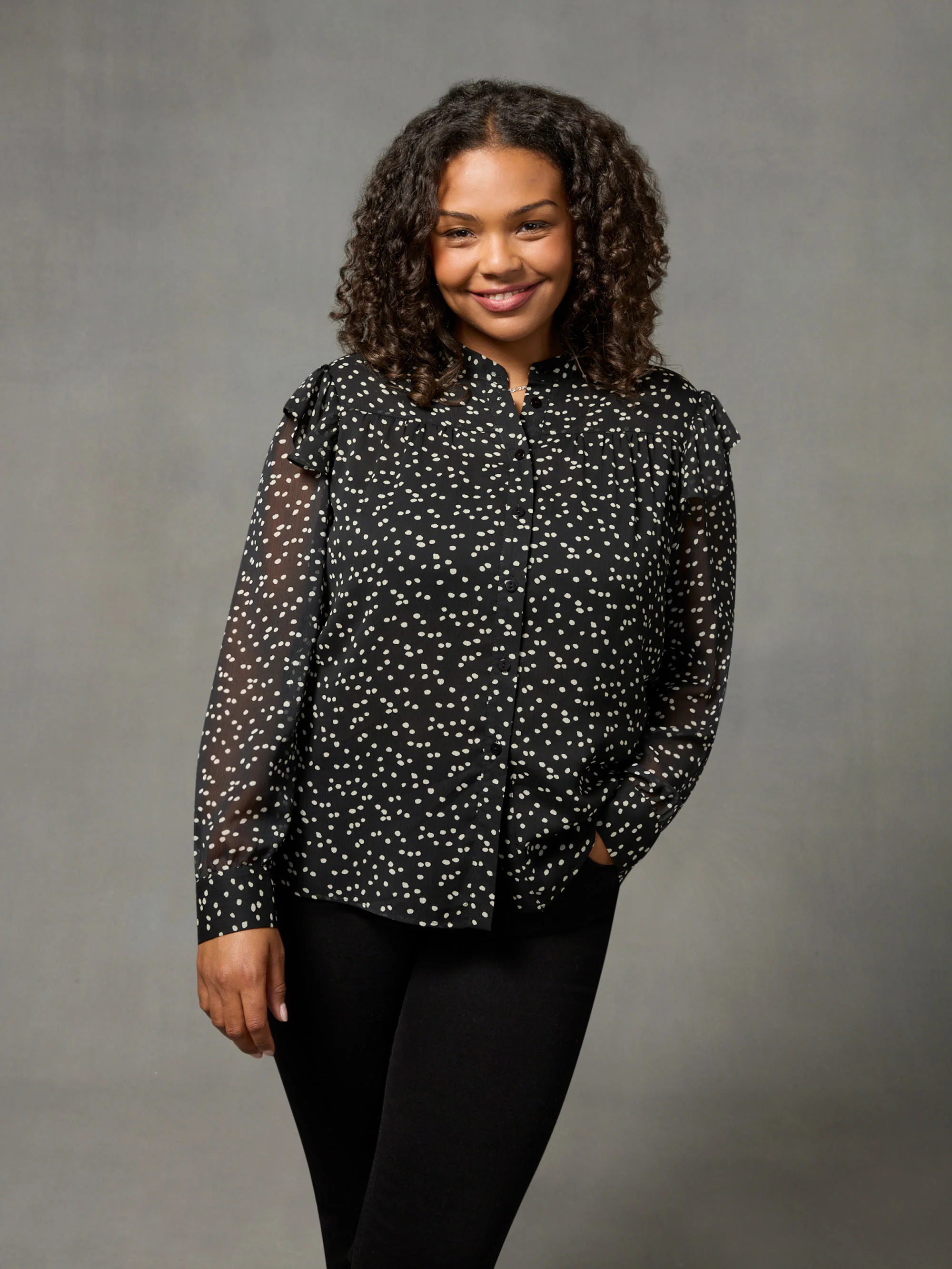 Black & White Spot Ruffle Shoulder Blouse - Image 3