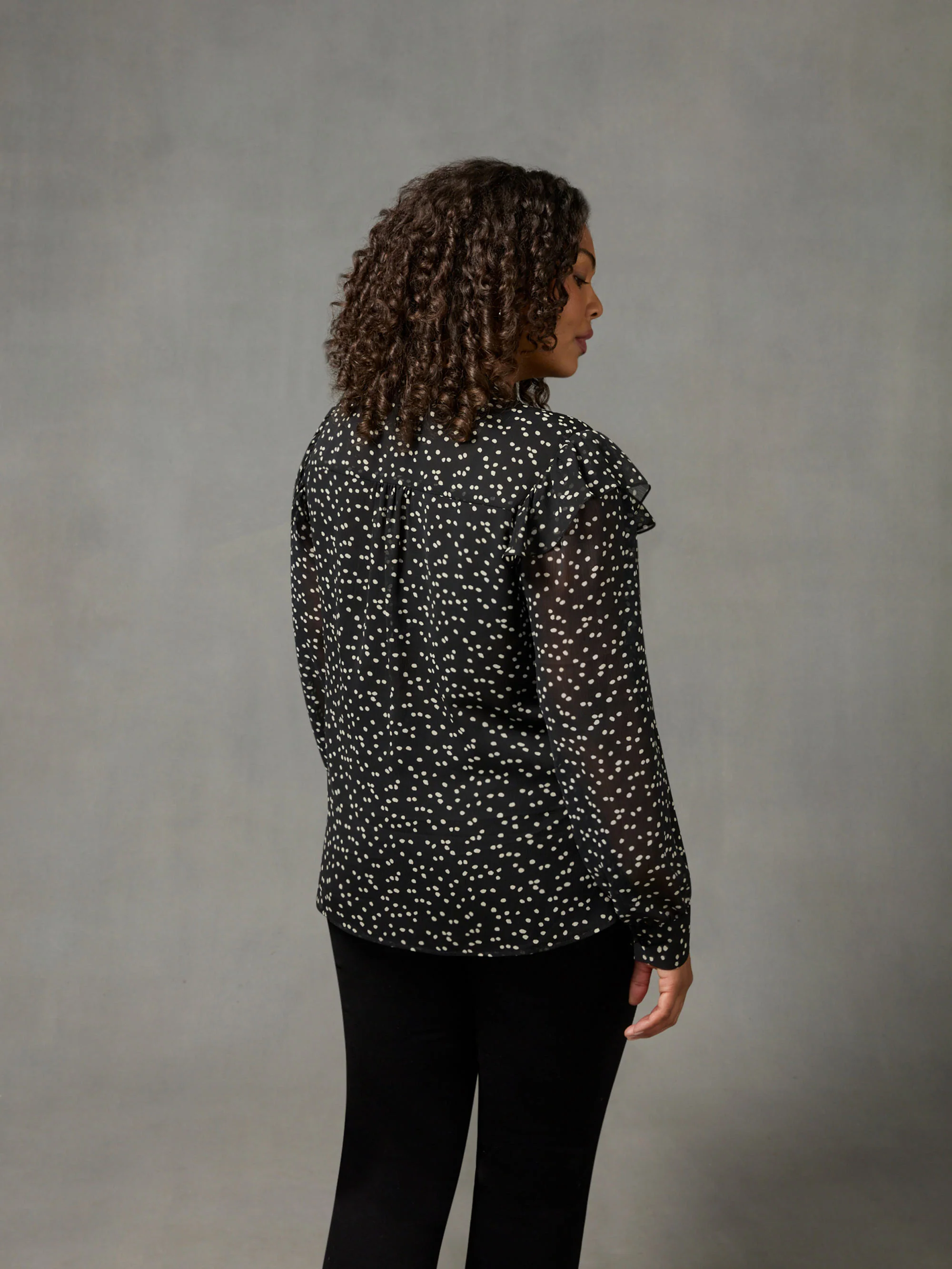Black & White Spot Ruffle Shoulder Blouse - Image 4