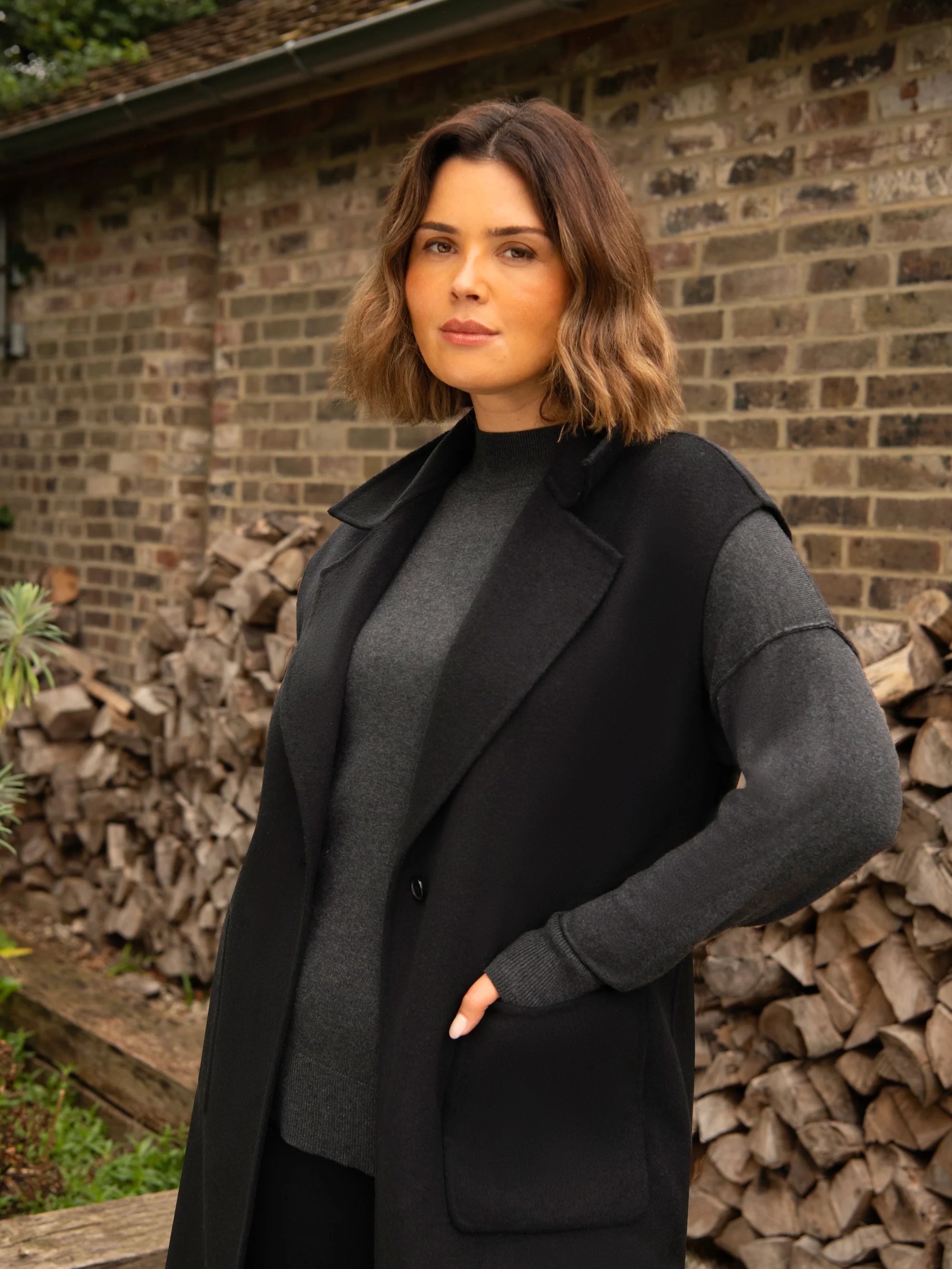 Black Wool Blend Double Faced Sleeveless Coat - Image 5