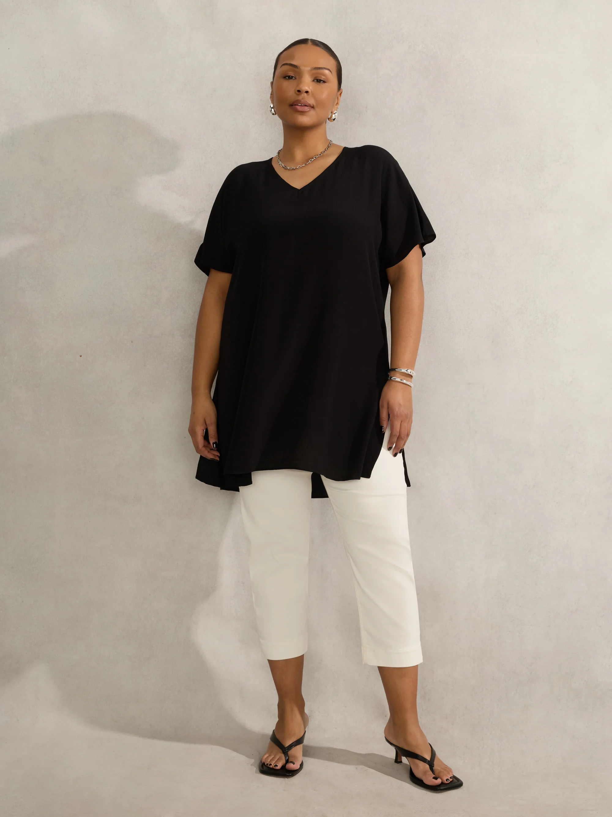 Black Woven V Neck Side Split Tunic - Image 2