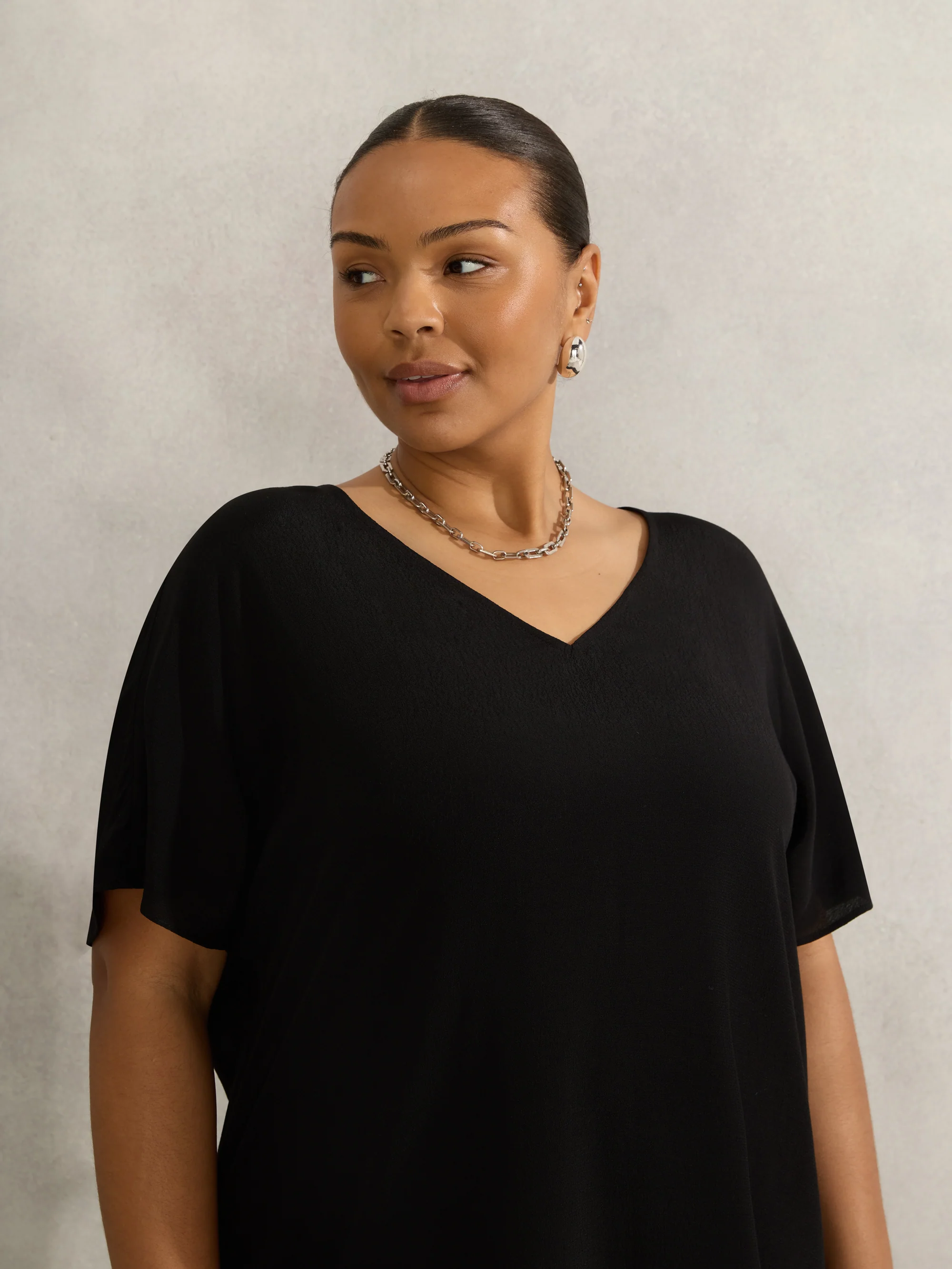 Black Woven V Neck Side Split Tunic - Image 3