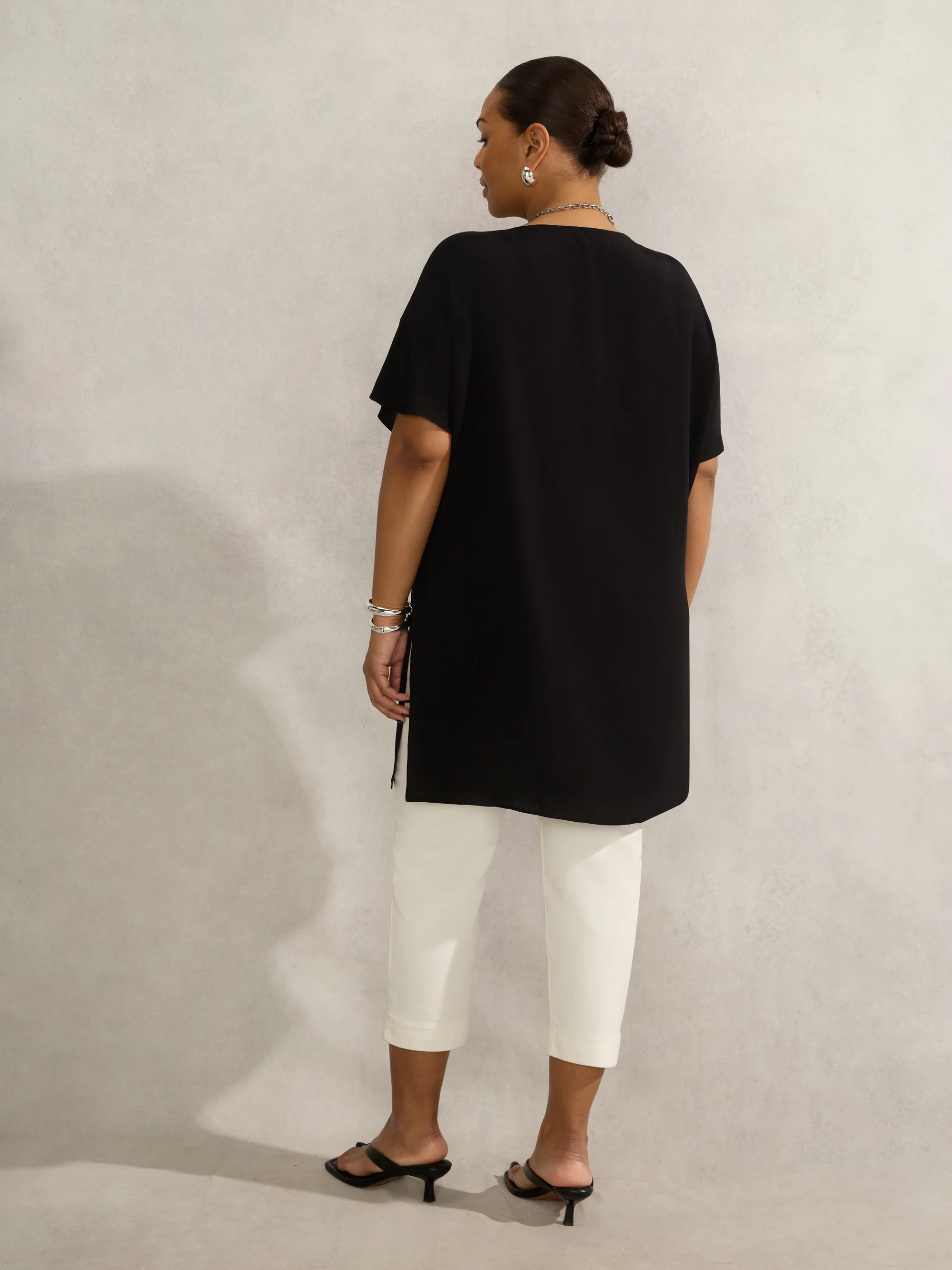 Black Woven V Neck Side Split Tunic - Image 4