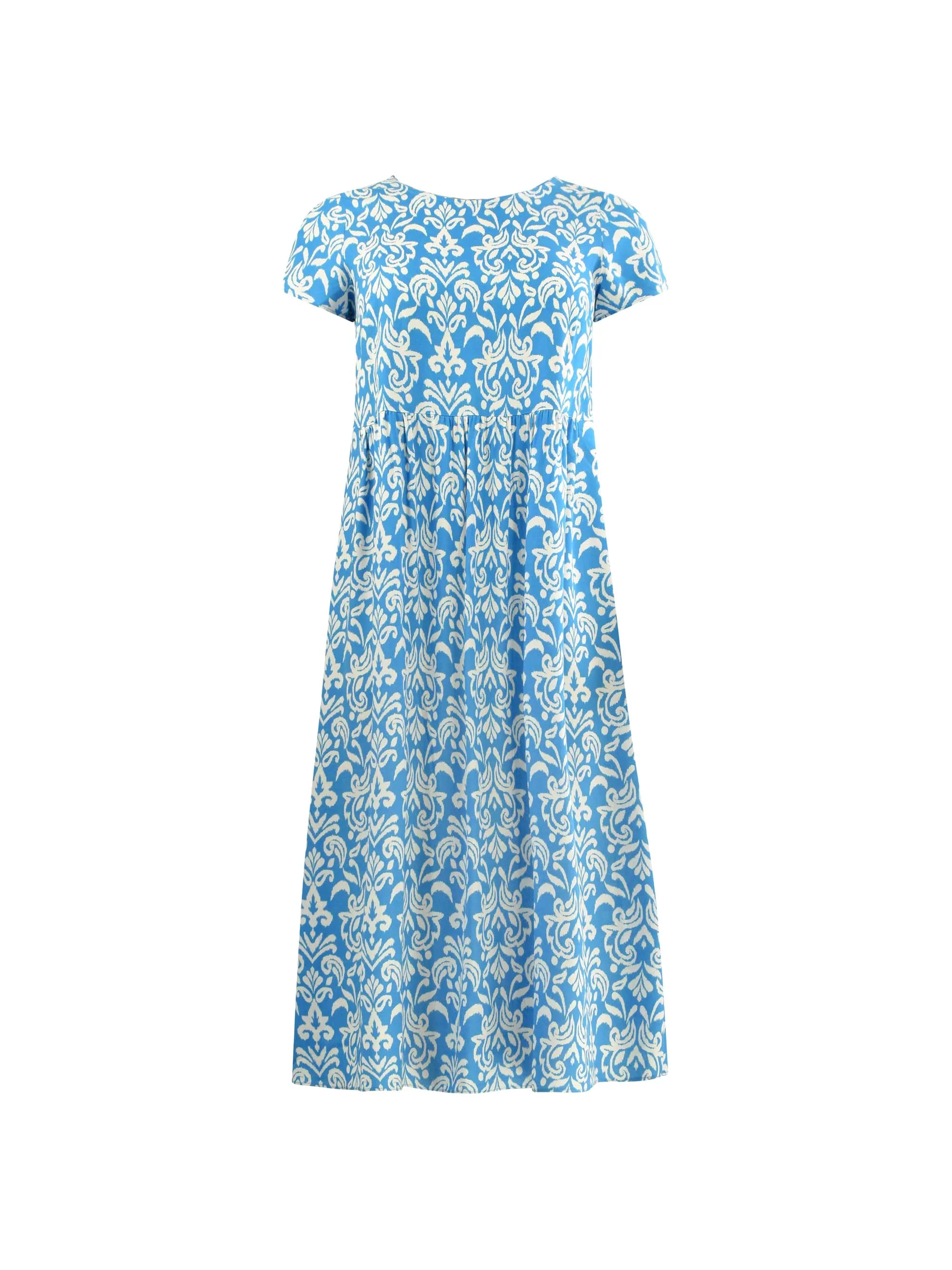 Blue And White Print Short Sleeved Midi Dress - Image 5